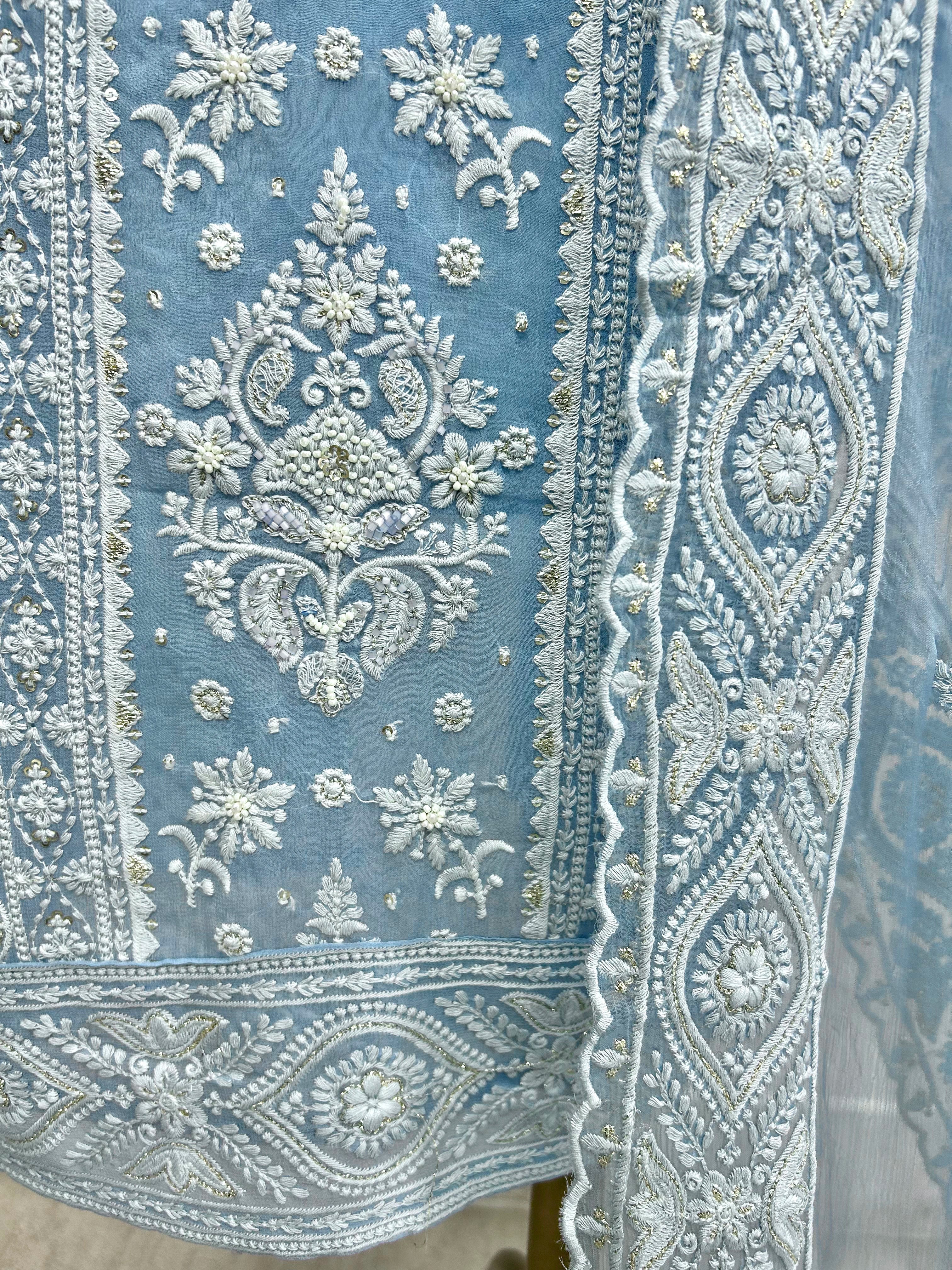 Georgette Unstitched Suit Set With Lucknowi Work