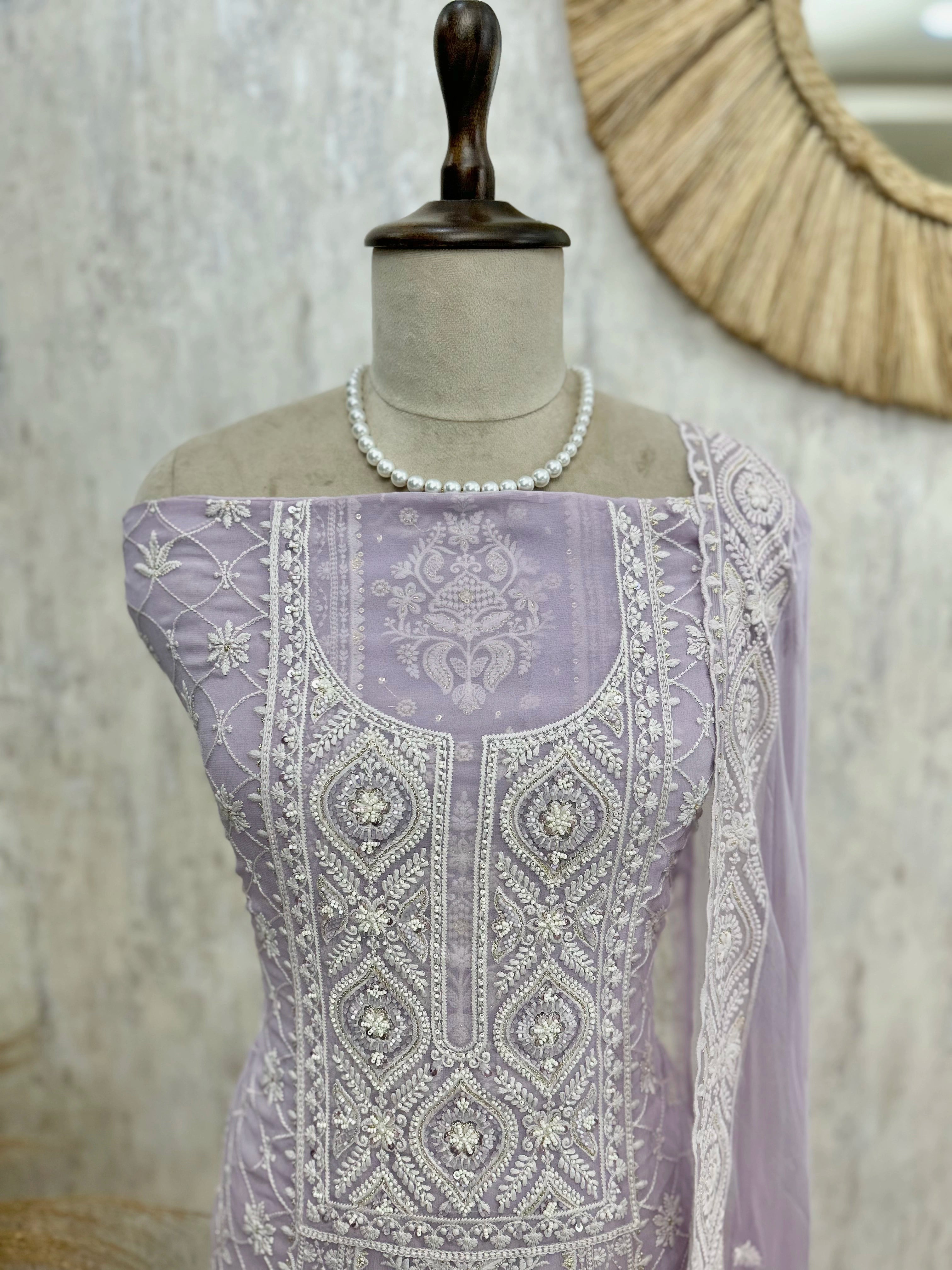 Georgette Unstitched Suit Set With Lucknowi Work