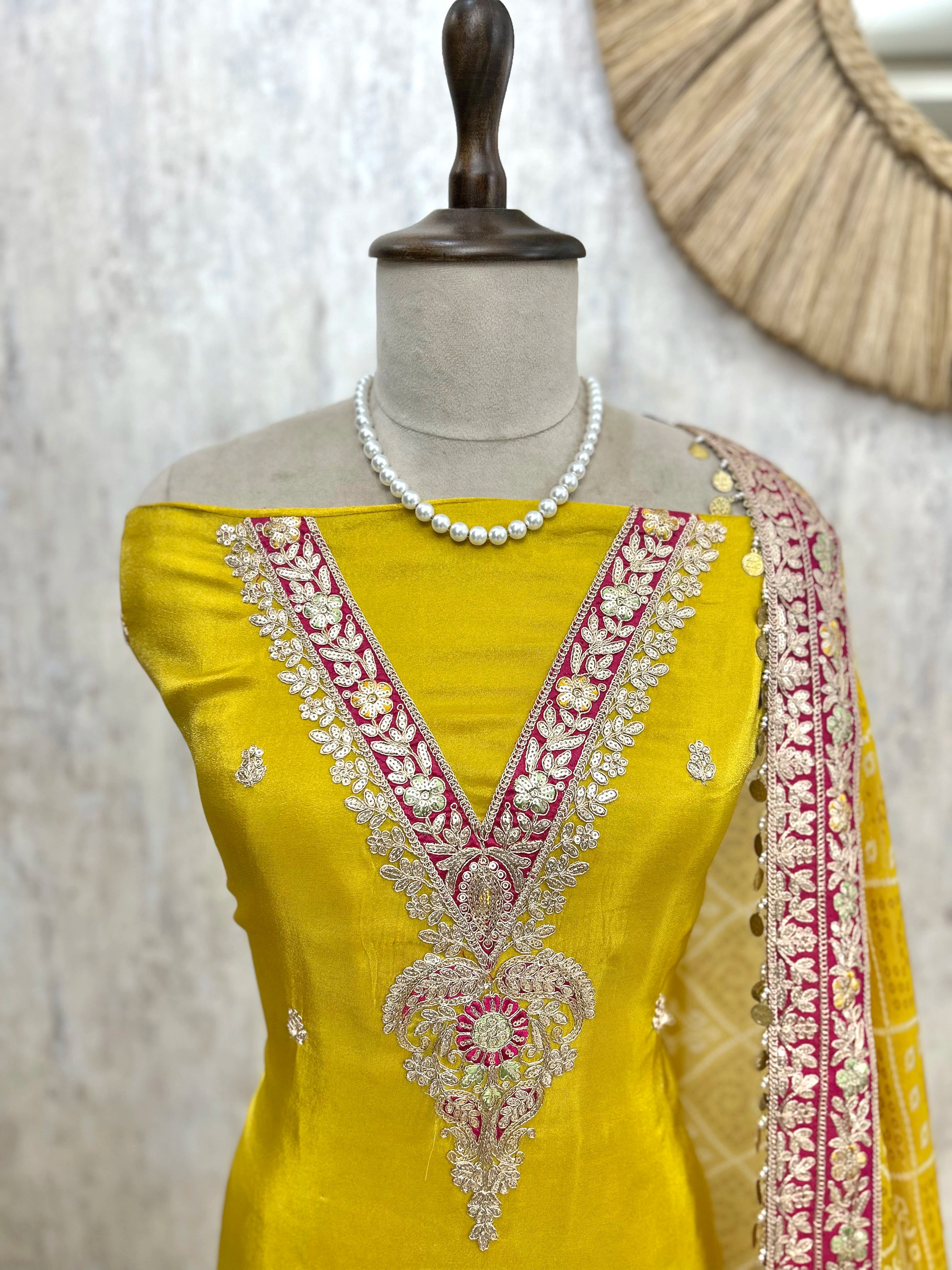 Tissue Unstitched Suit Set With Embroidered Neckline