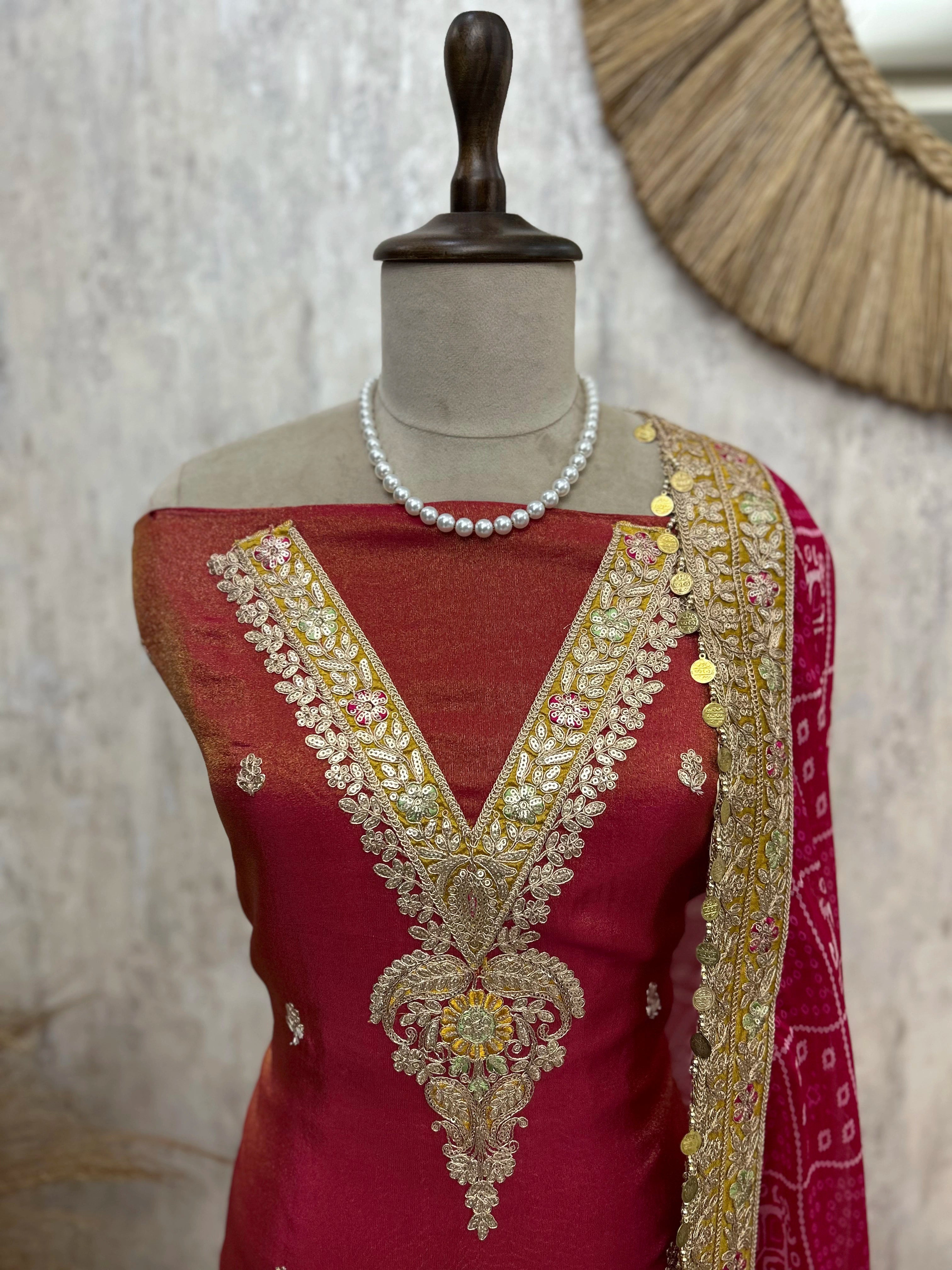 Tissue Unstitched Suit Set With Embroidered Neckline