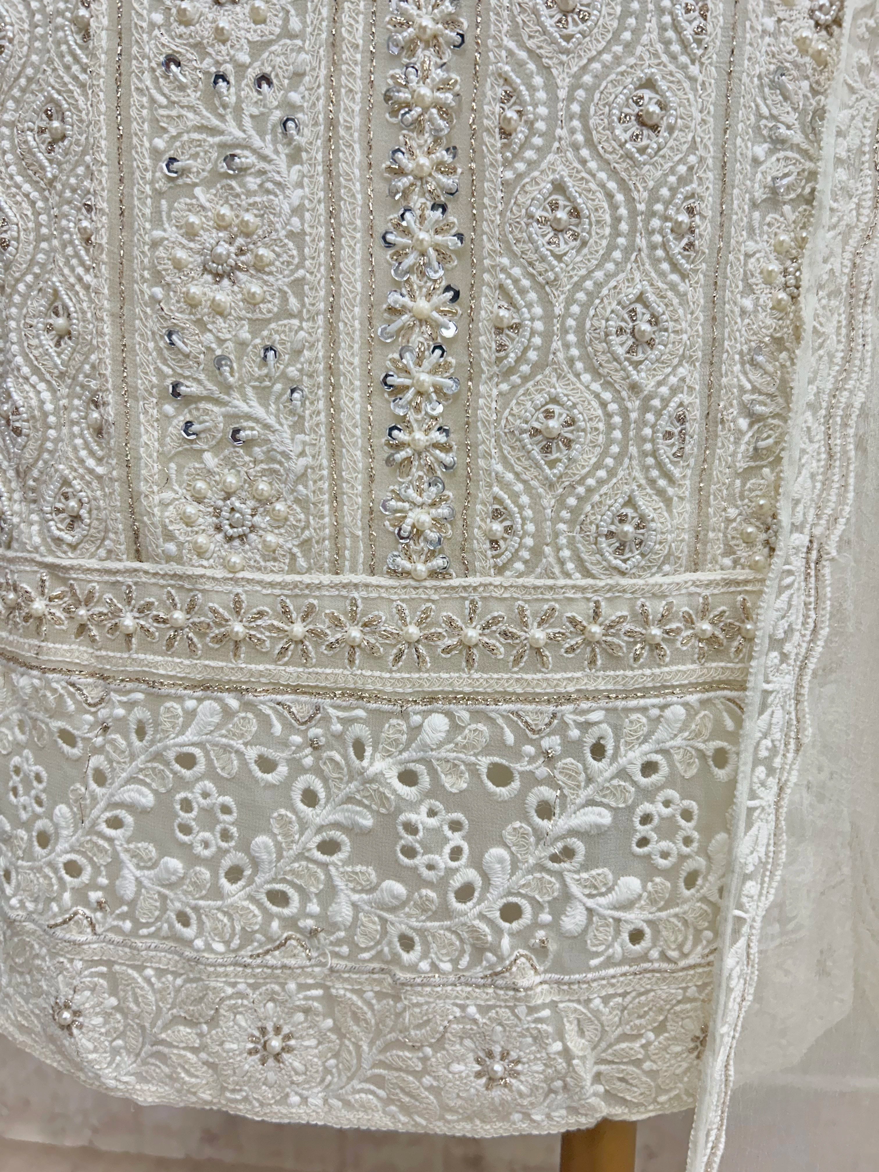 Lucknowi Pearl Work Georgette Unstitched Suit Set