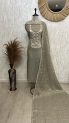 Mannequin wearing a silver embroidered outfit with a sheer dupatta against a neutral background