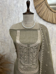 Tissue Linen Unstitched Suit Set With Pitta Work