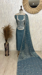 Tissue Linen Unstitched Suit Set With Pitta Work