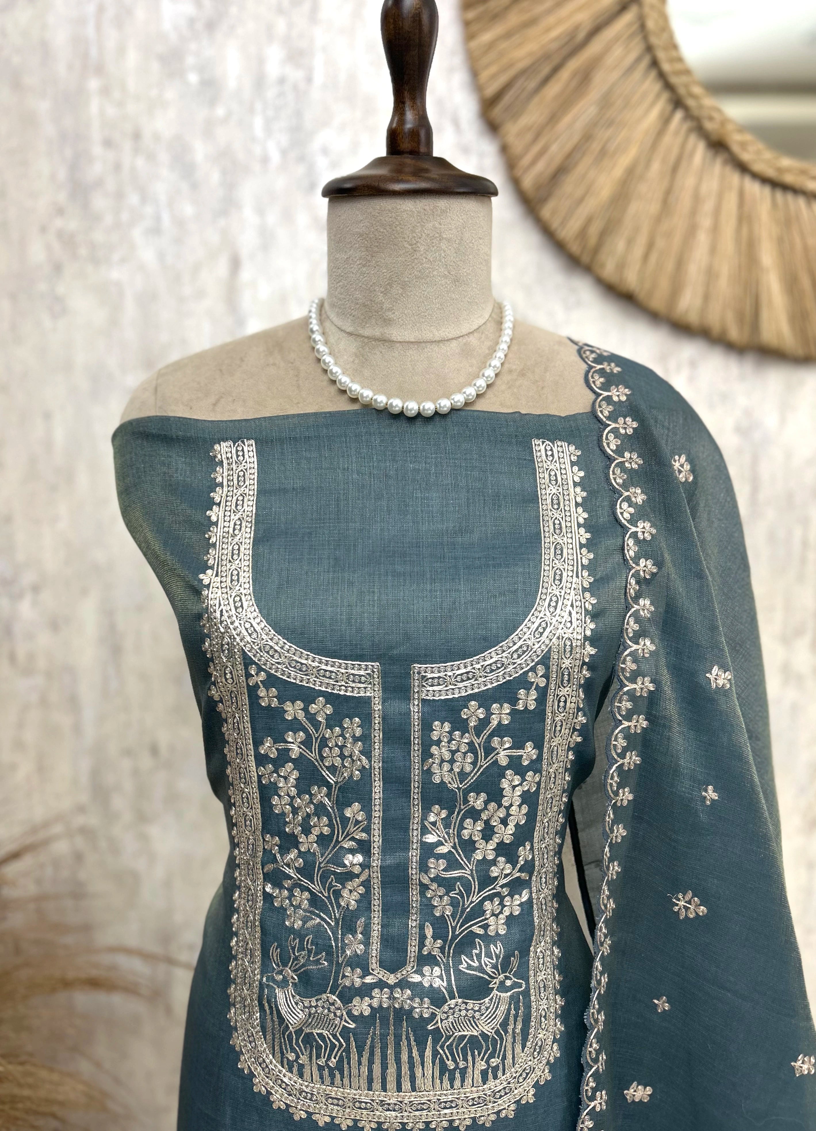 Tissue Linen Unstitched Suit Set With Pitta Work