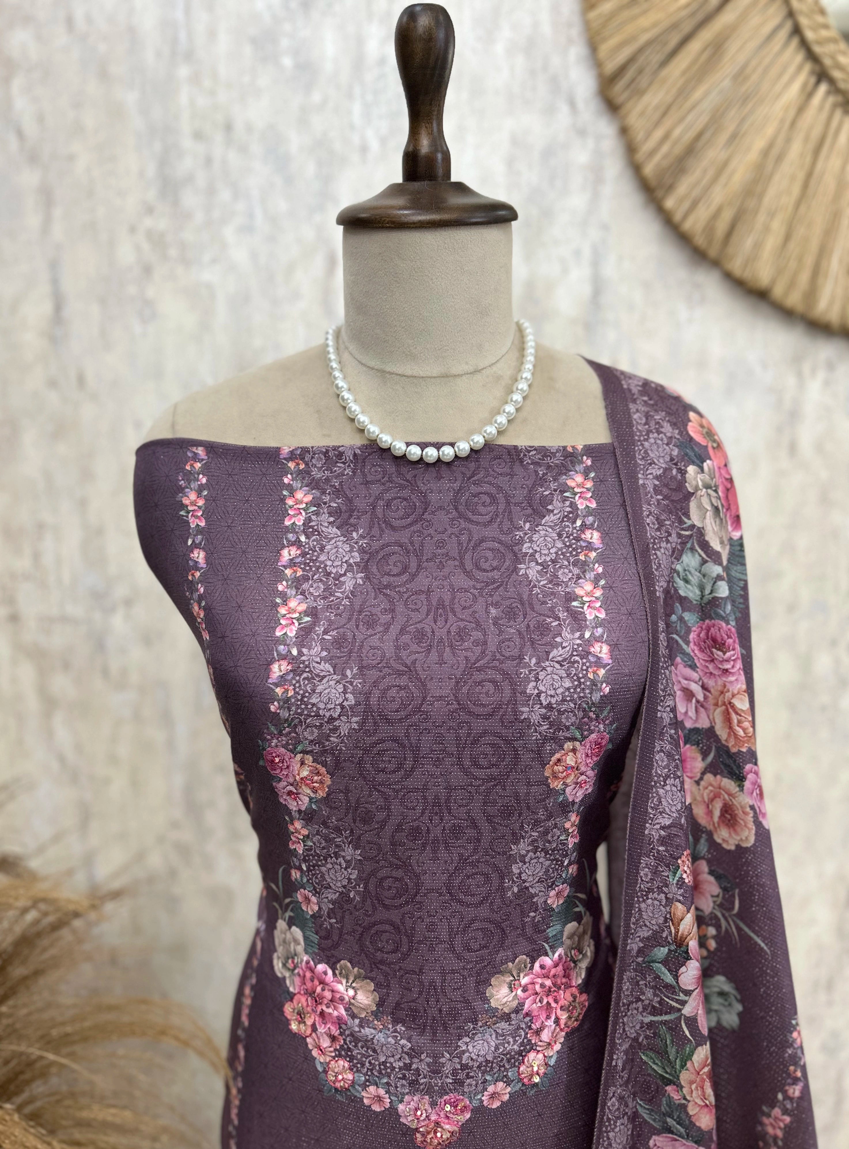 Muslin Unstitched Suit Set With Floral Motif