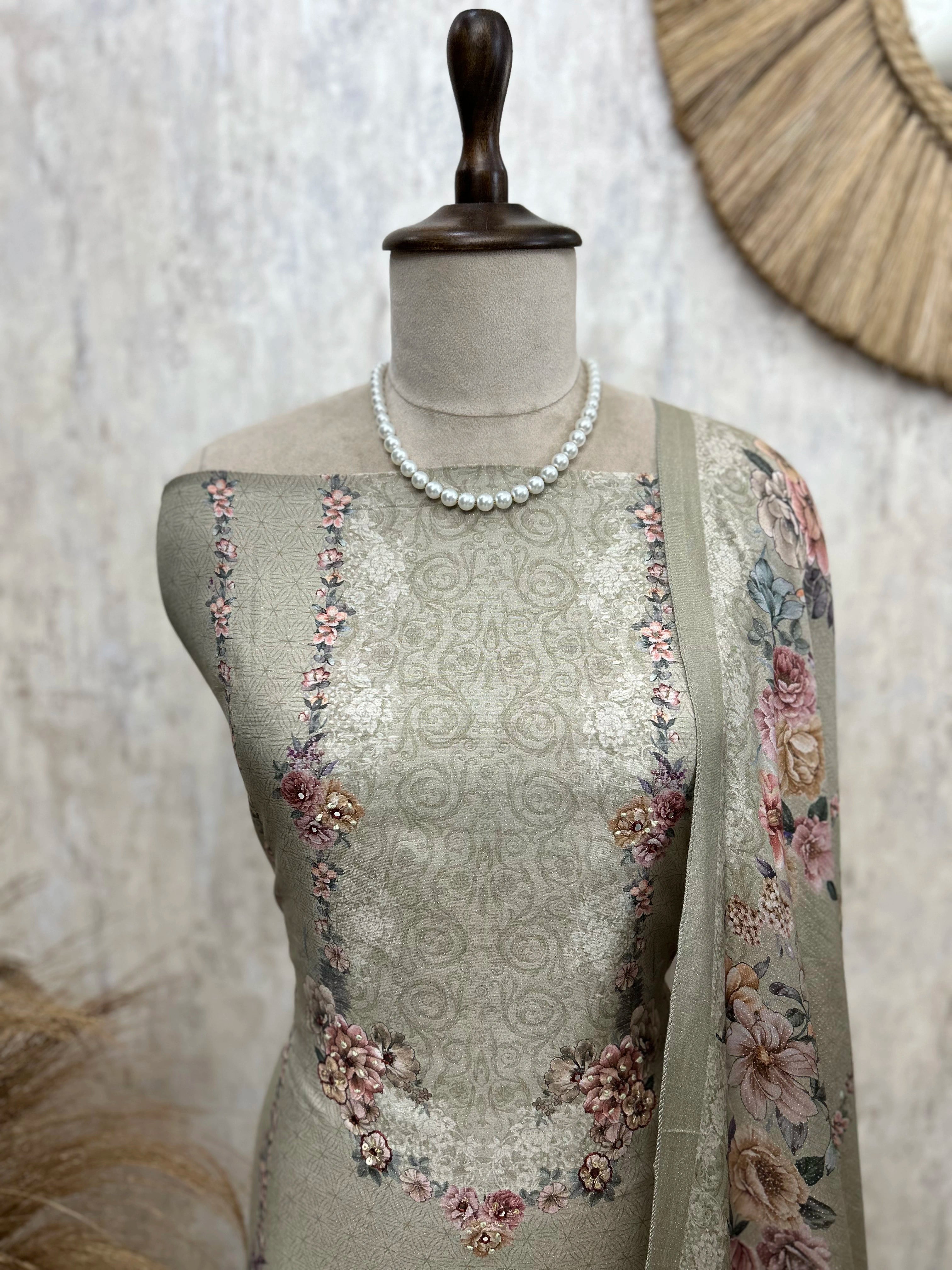 Muslin Unstitched Suit Set With Floral Motif