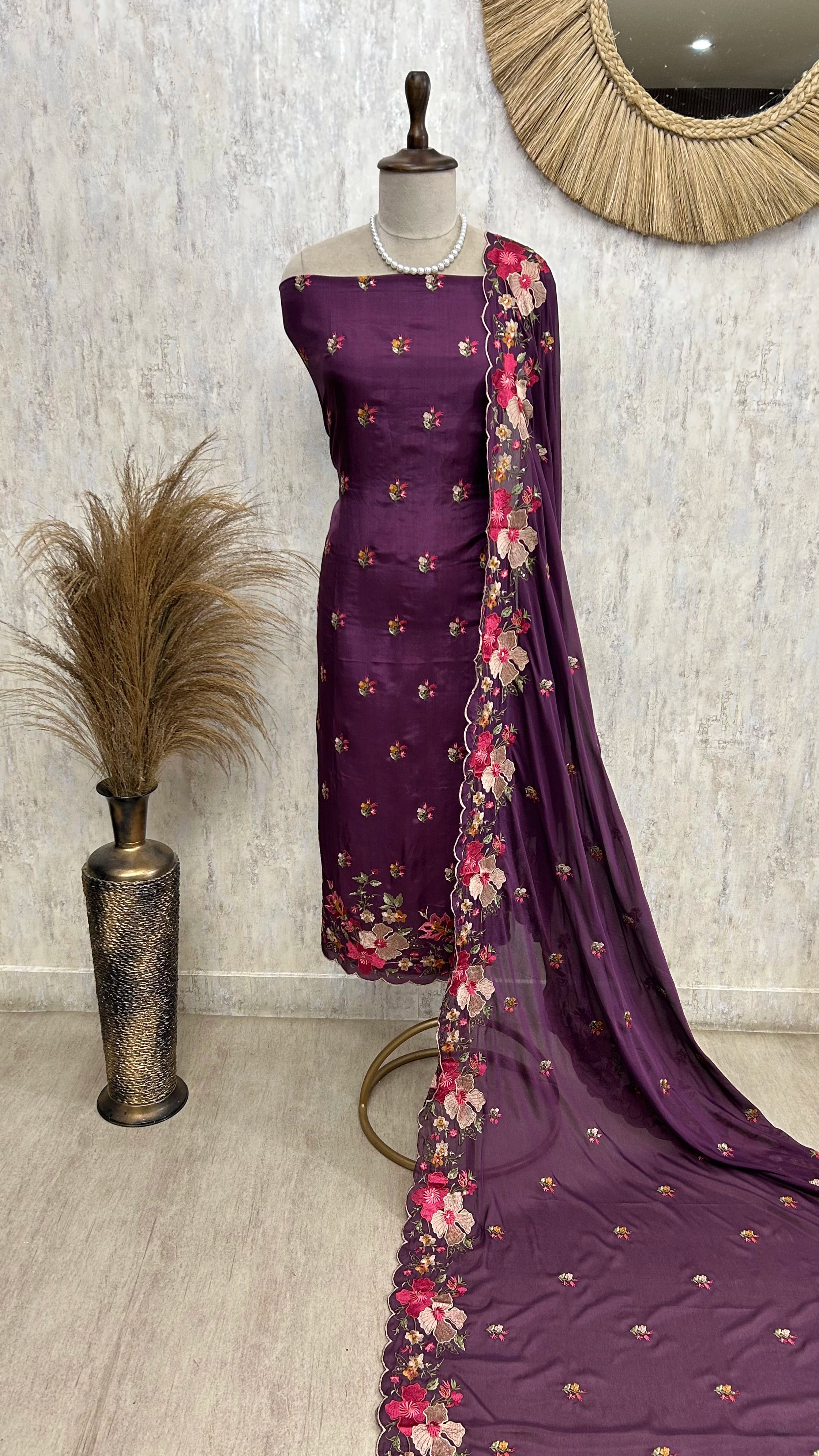 Thread Embroidered Opada Silk Unstitched Suit Set (Dark)
