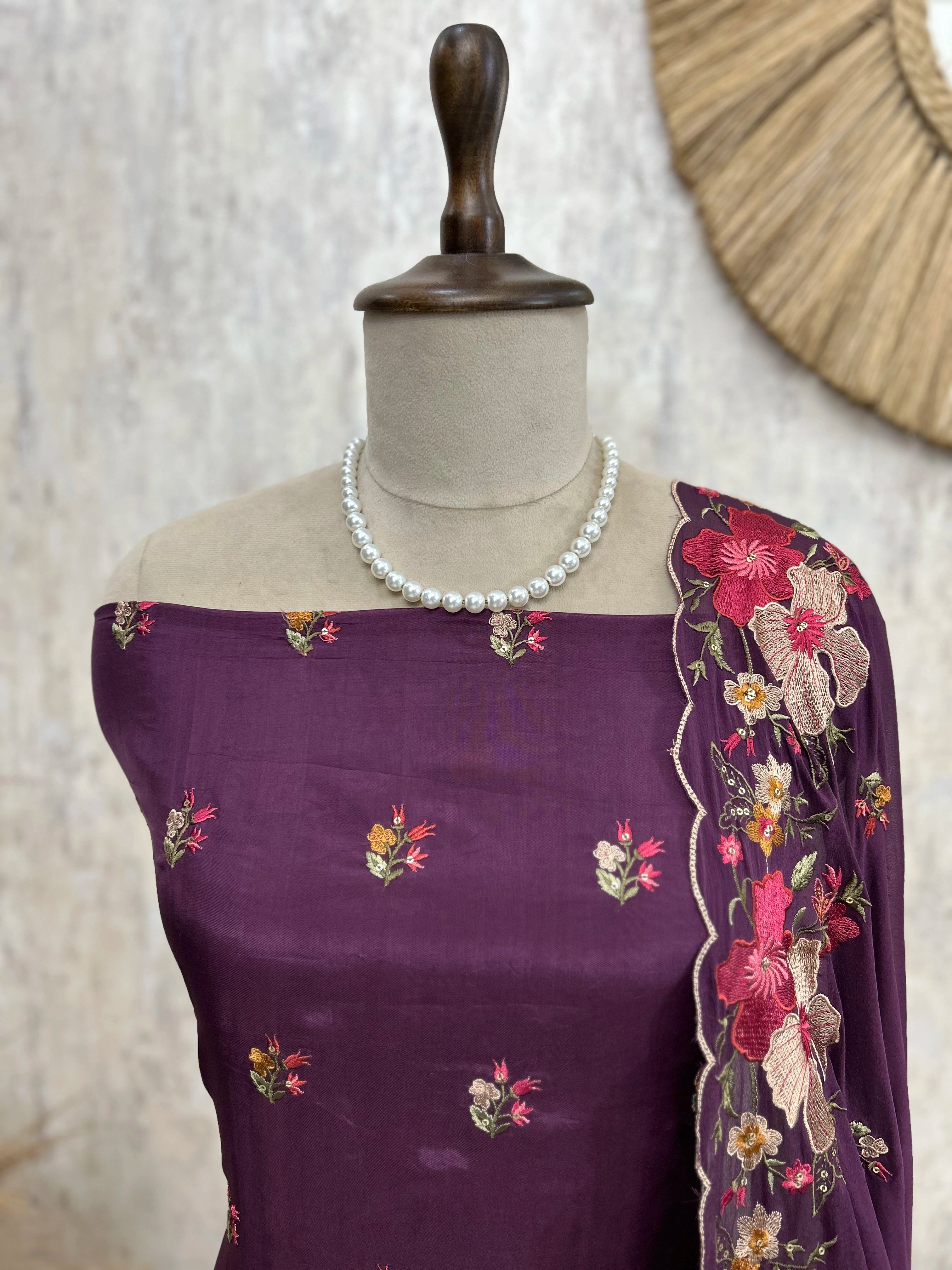 Thread Embroidered Opada Silk Unstitched Suit Set (Dark)