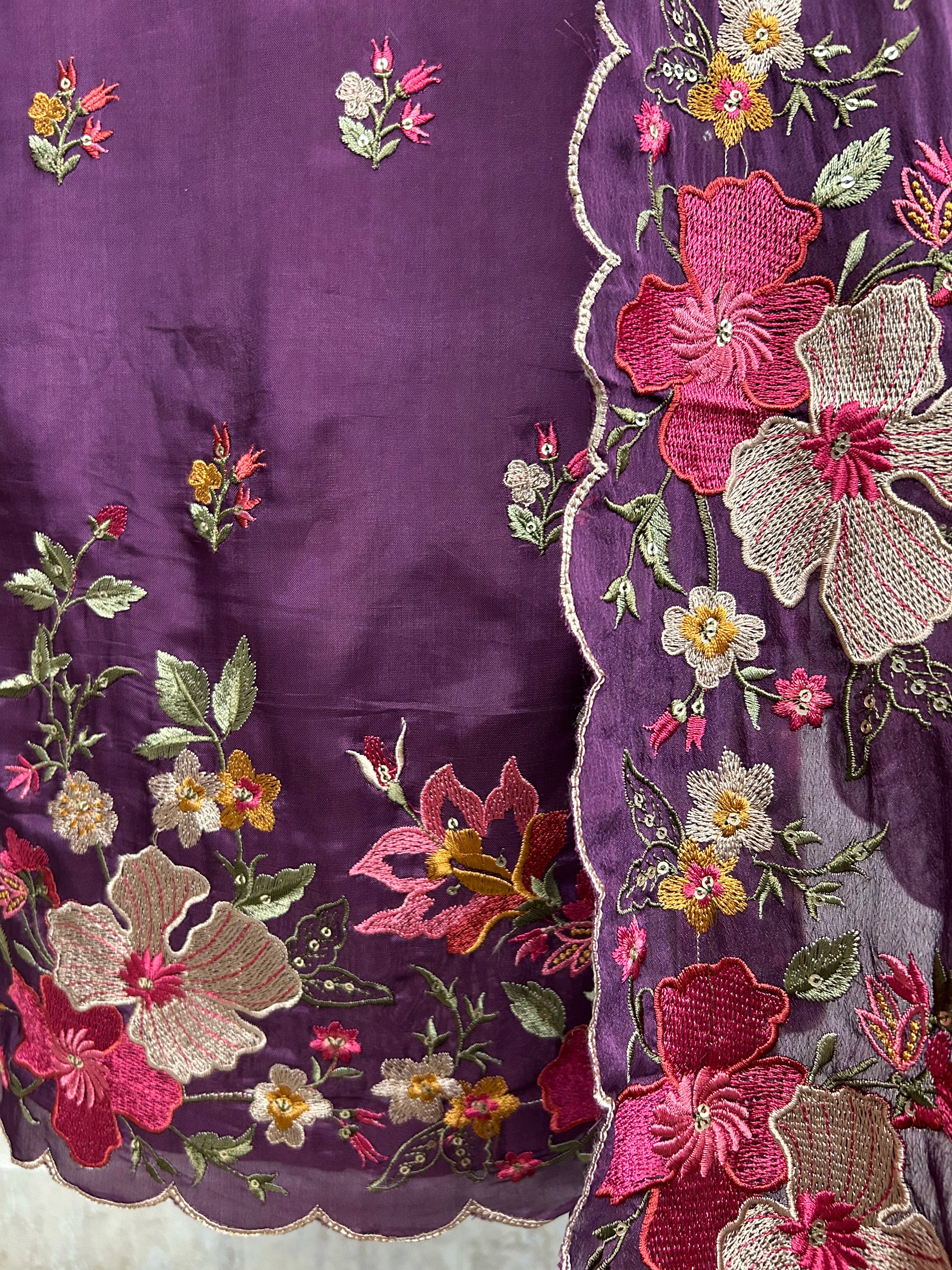 Thread Embroidered Opada Silk Unstitched Suit Set (Dark)