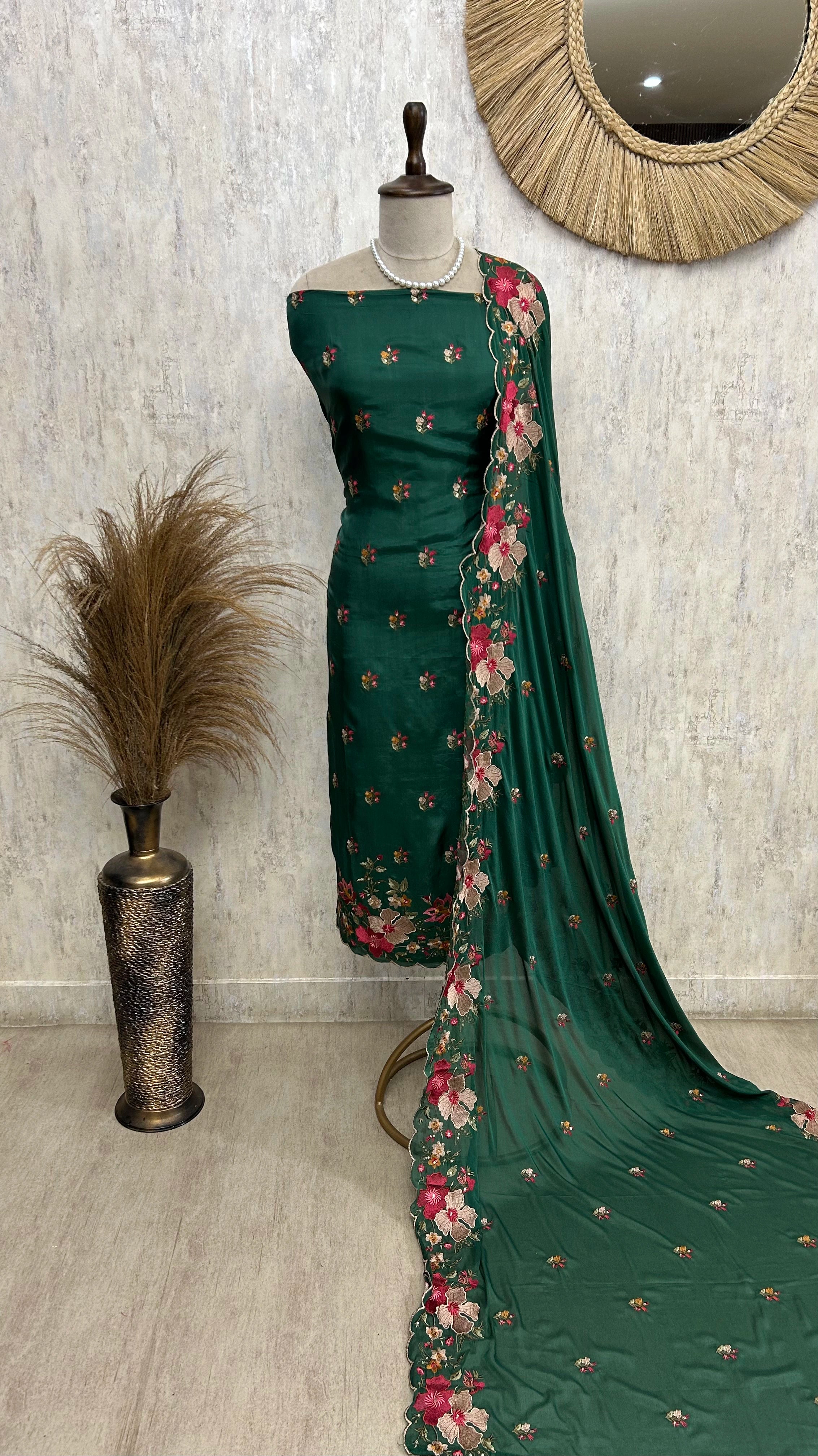 Thread Embroidered Opada Silk Unstitched Suit Set (Dark)