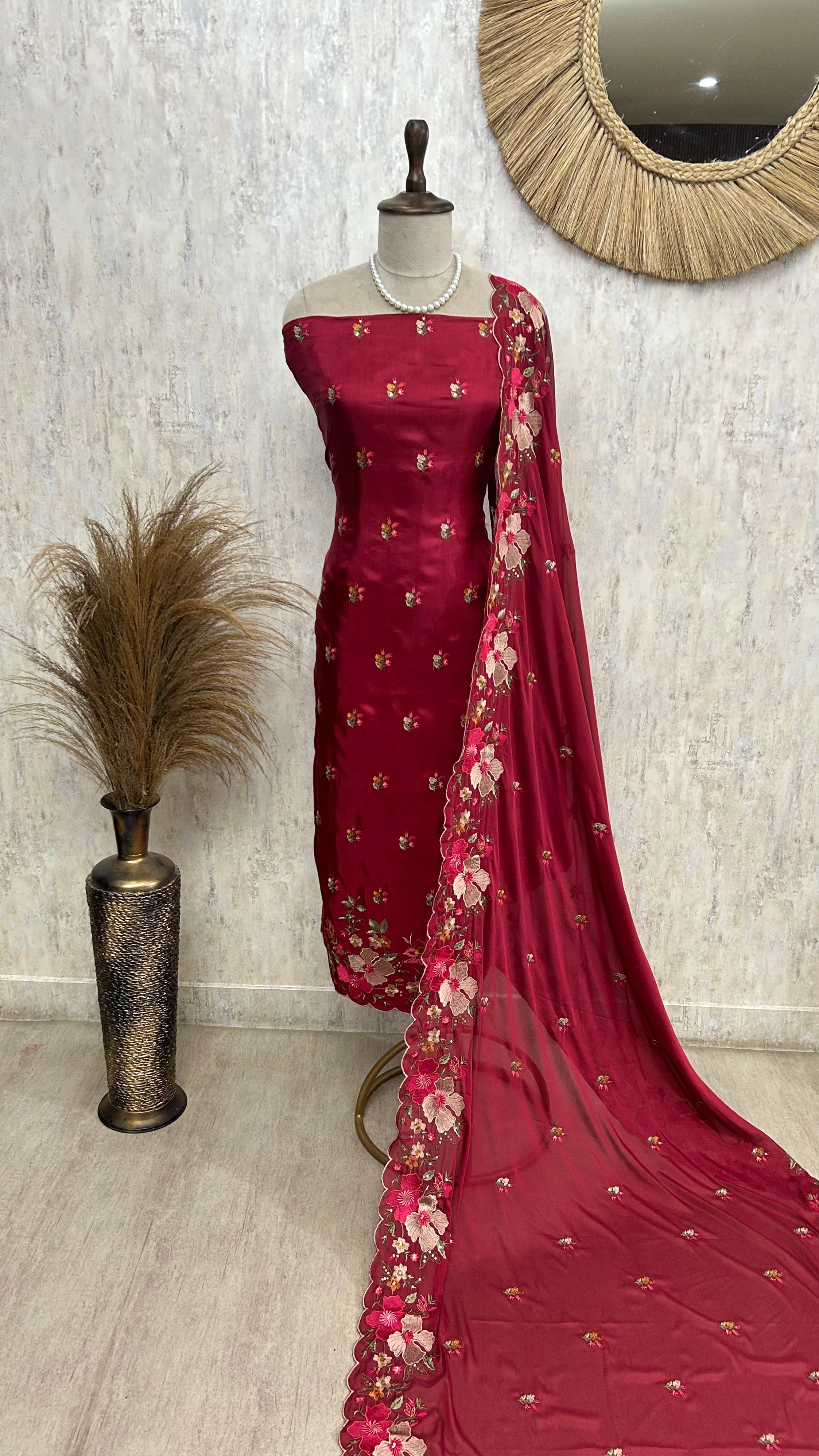 Thread Embroidered Opada Silk Unstitched Suit Set (Dark)