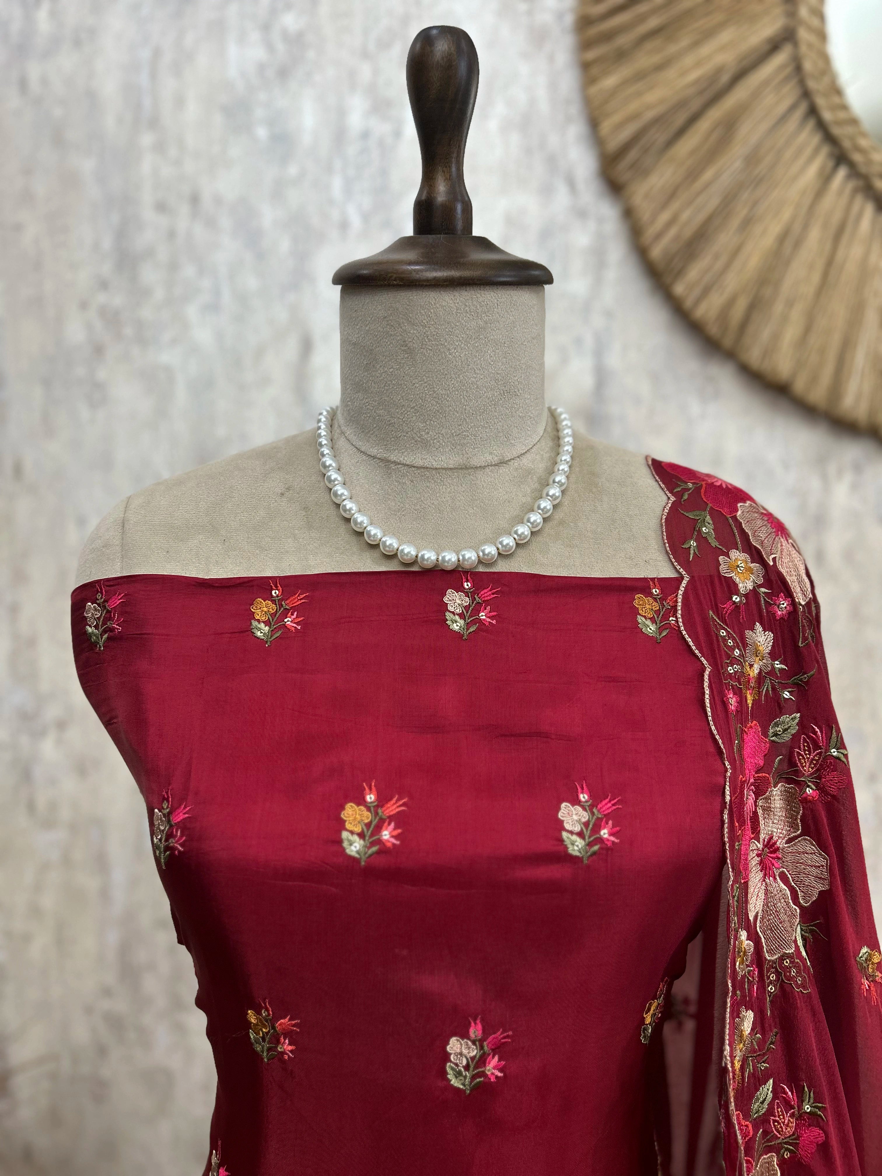 Thread Embroidered Opada Silk Unstitched Suit Set (Dark)