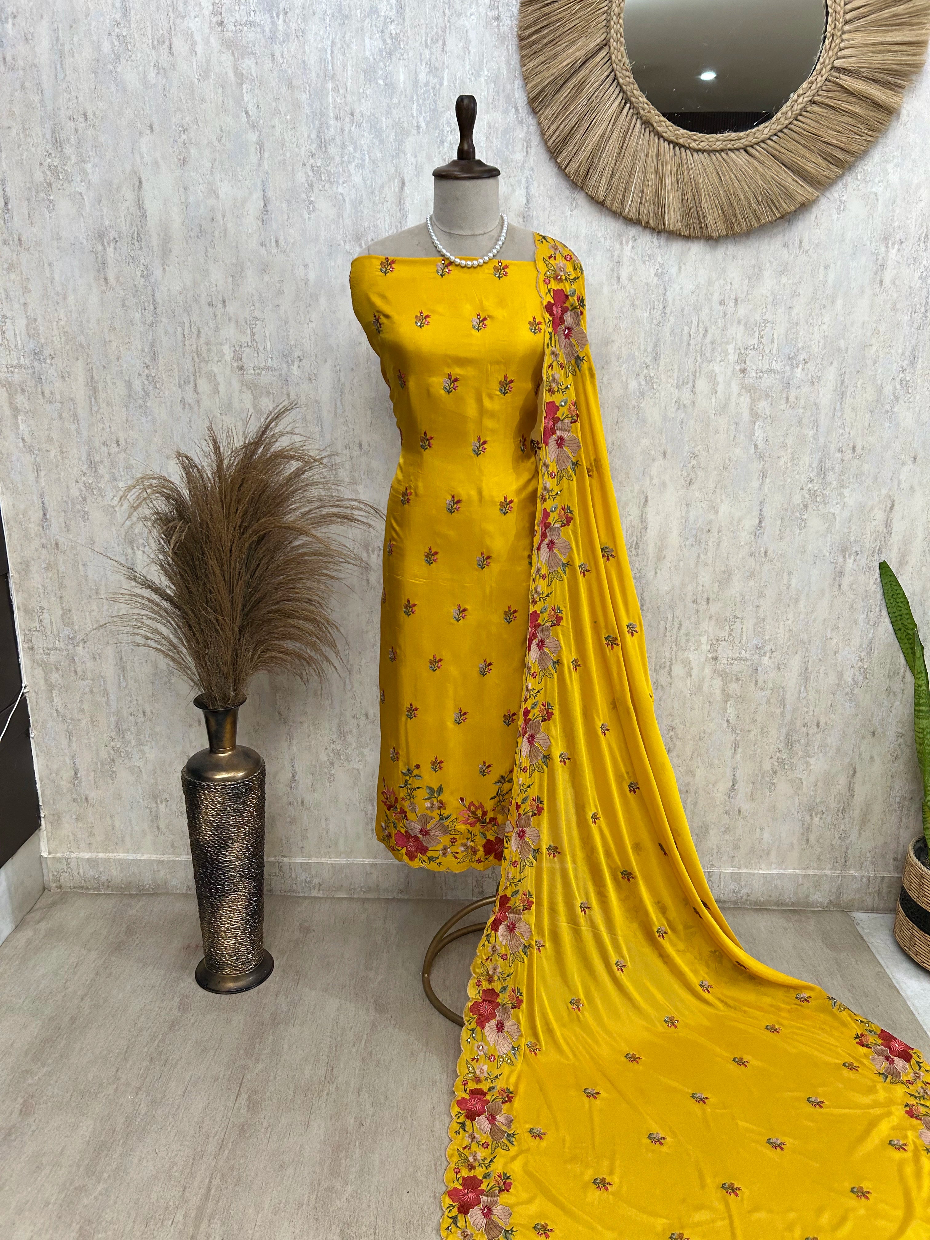 Thread Embroidered Opada Silk Unstitched Suit Set (Dark)