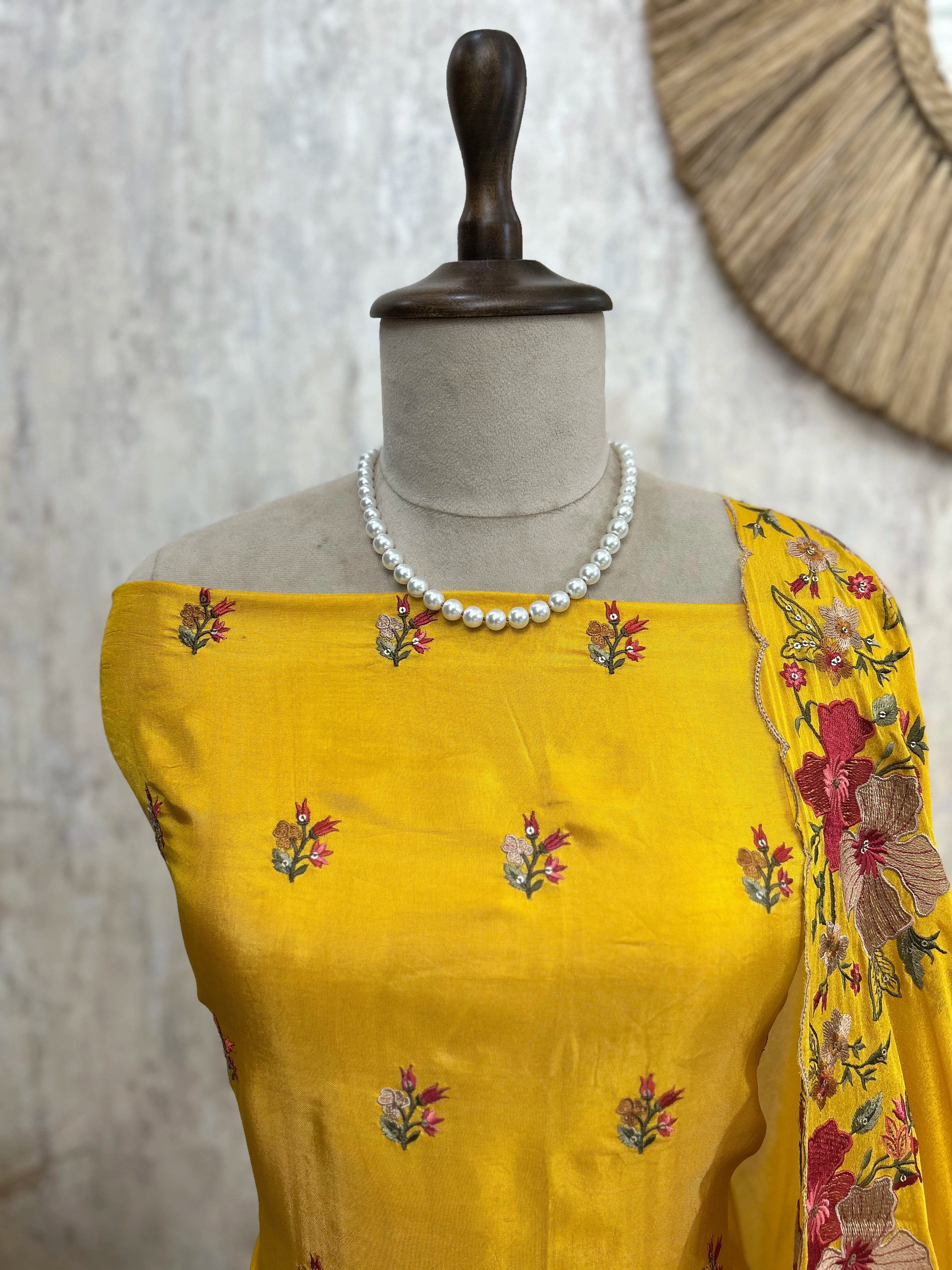 Thread Embroidered Opada Silk Unstitched Suit Set (Dark)