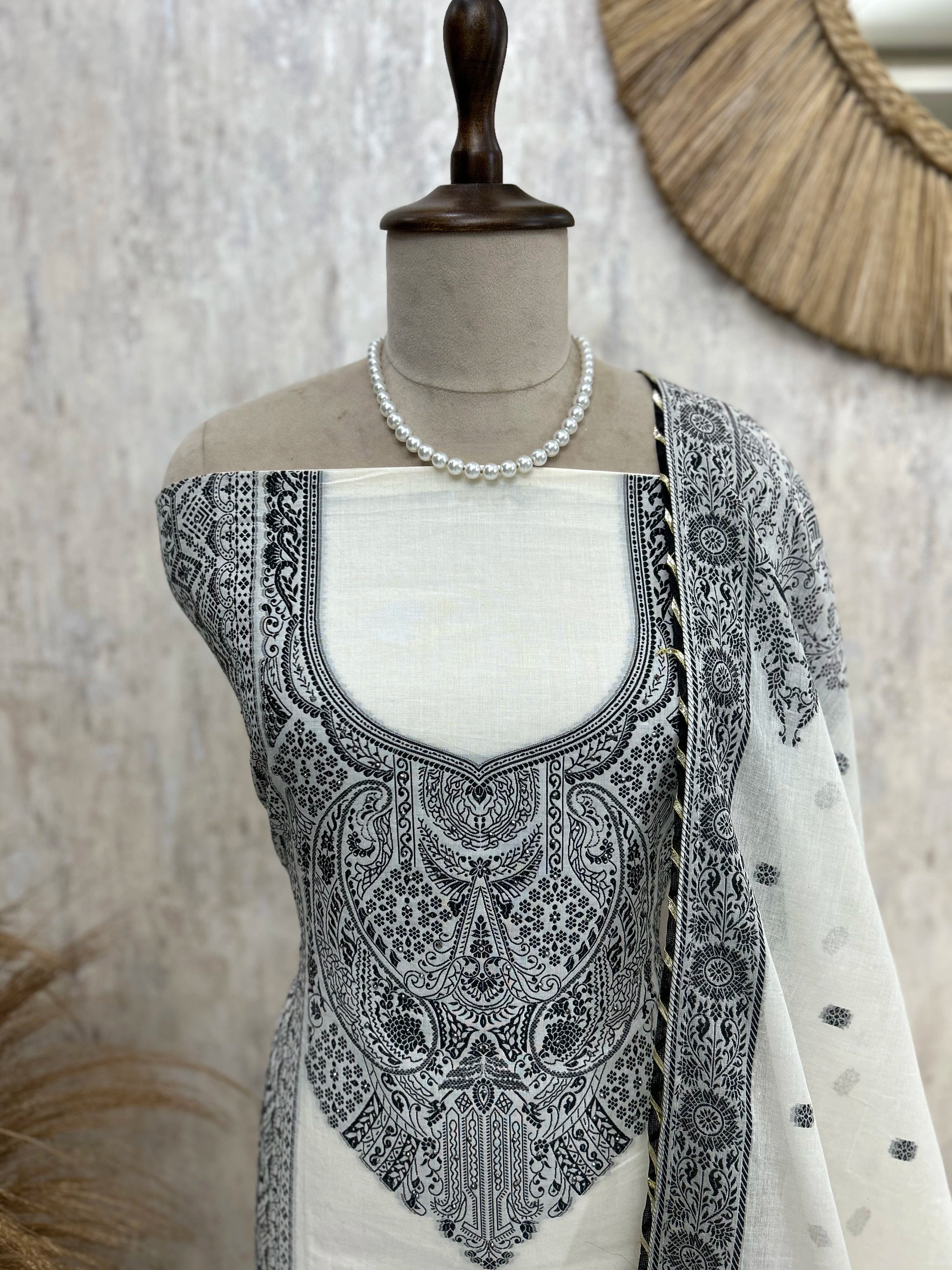 Cotton Unstitched Suit Set With Kashmiri Weave