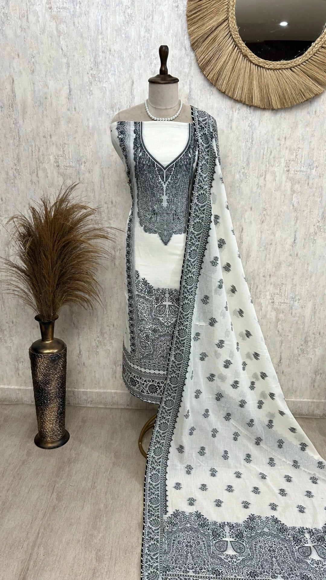 Cotton Unstitched Suit Set With Kashmiri Weave