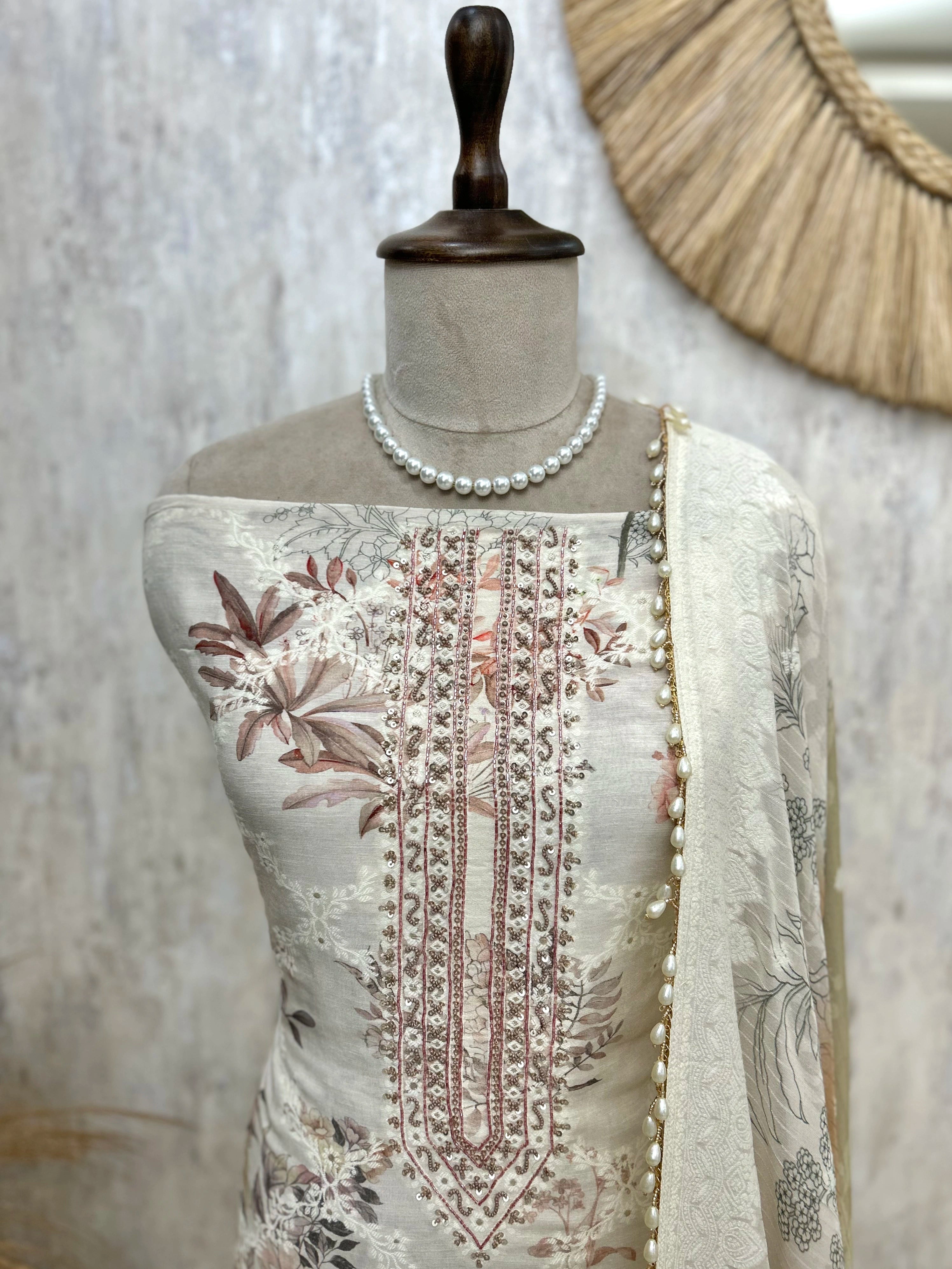 Muslin Unstitched Suit Set Featuring Weaving