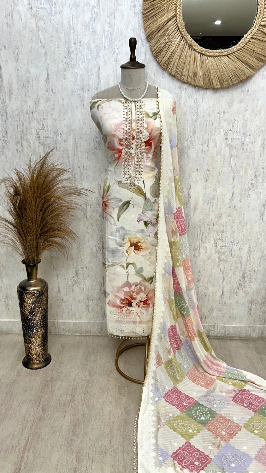 Muslin Unstitched Suit Set Featuring Weaving