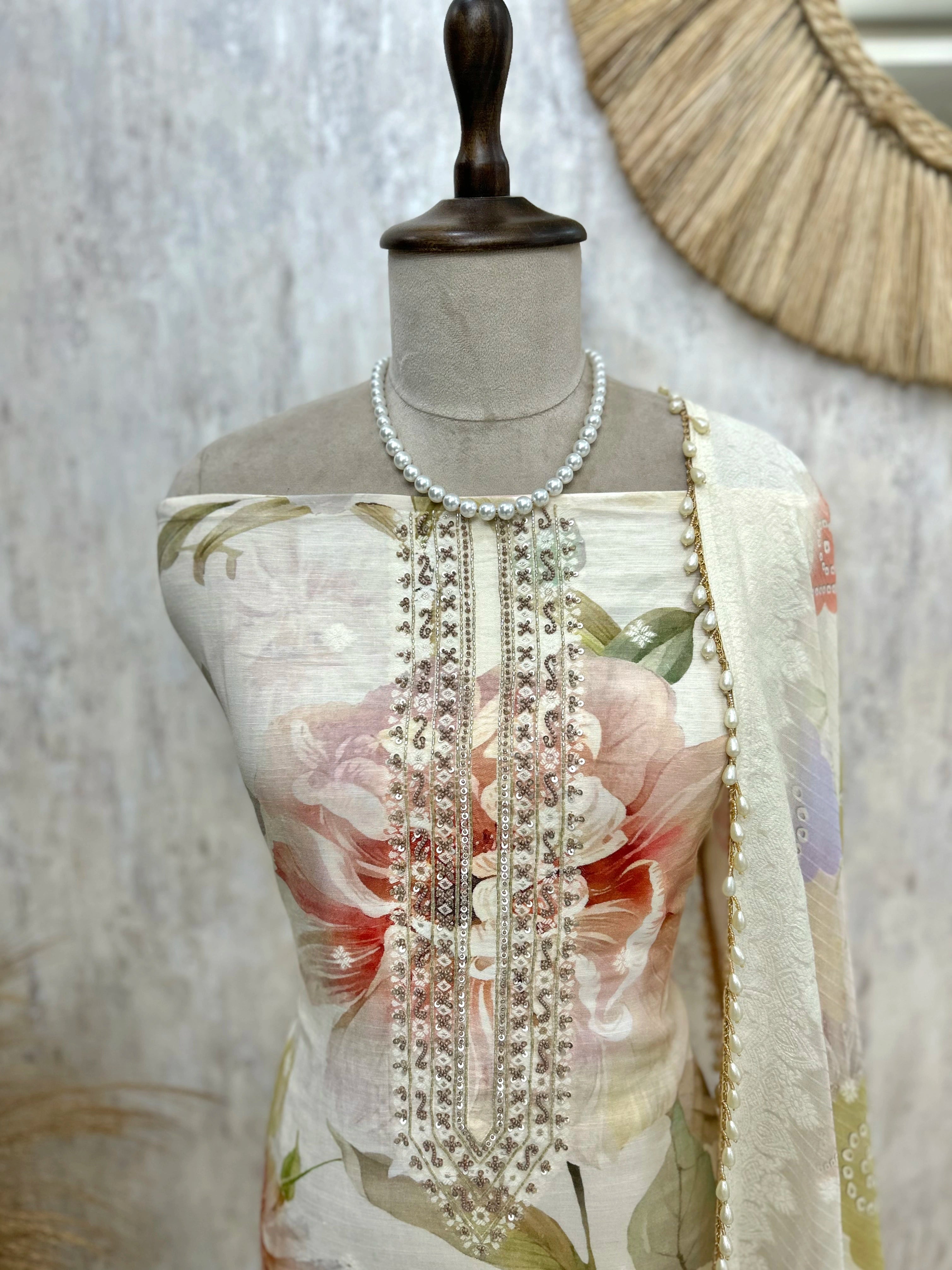 Muslin Unstitched Suit Set Featuring Weaving