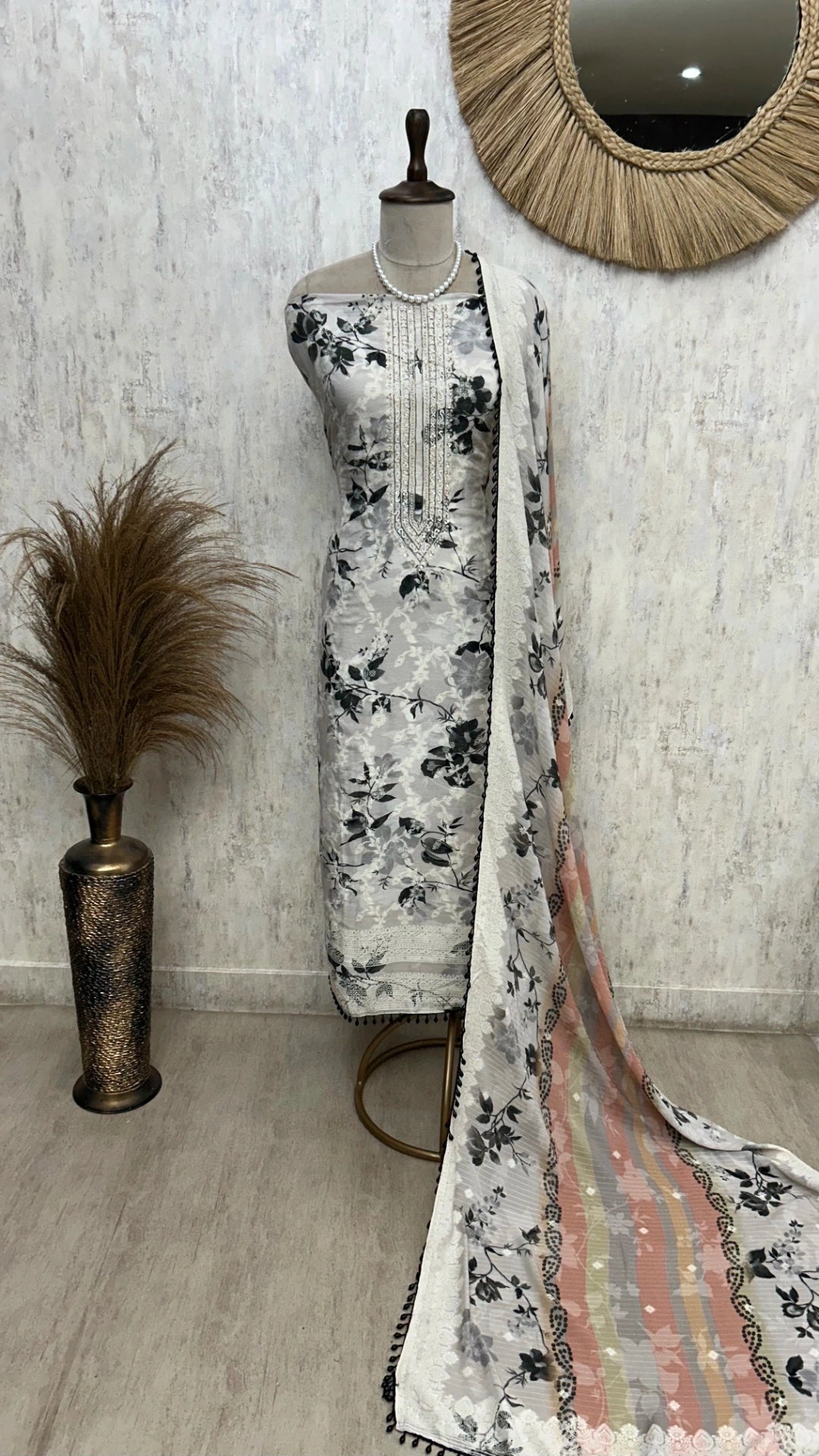 Muslin Unstitched Suit Set Featuring Weaving