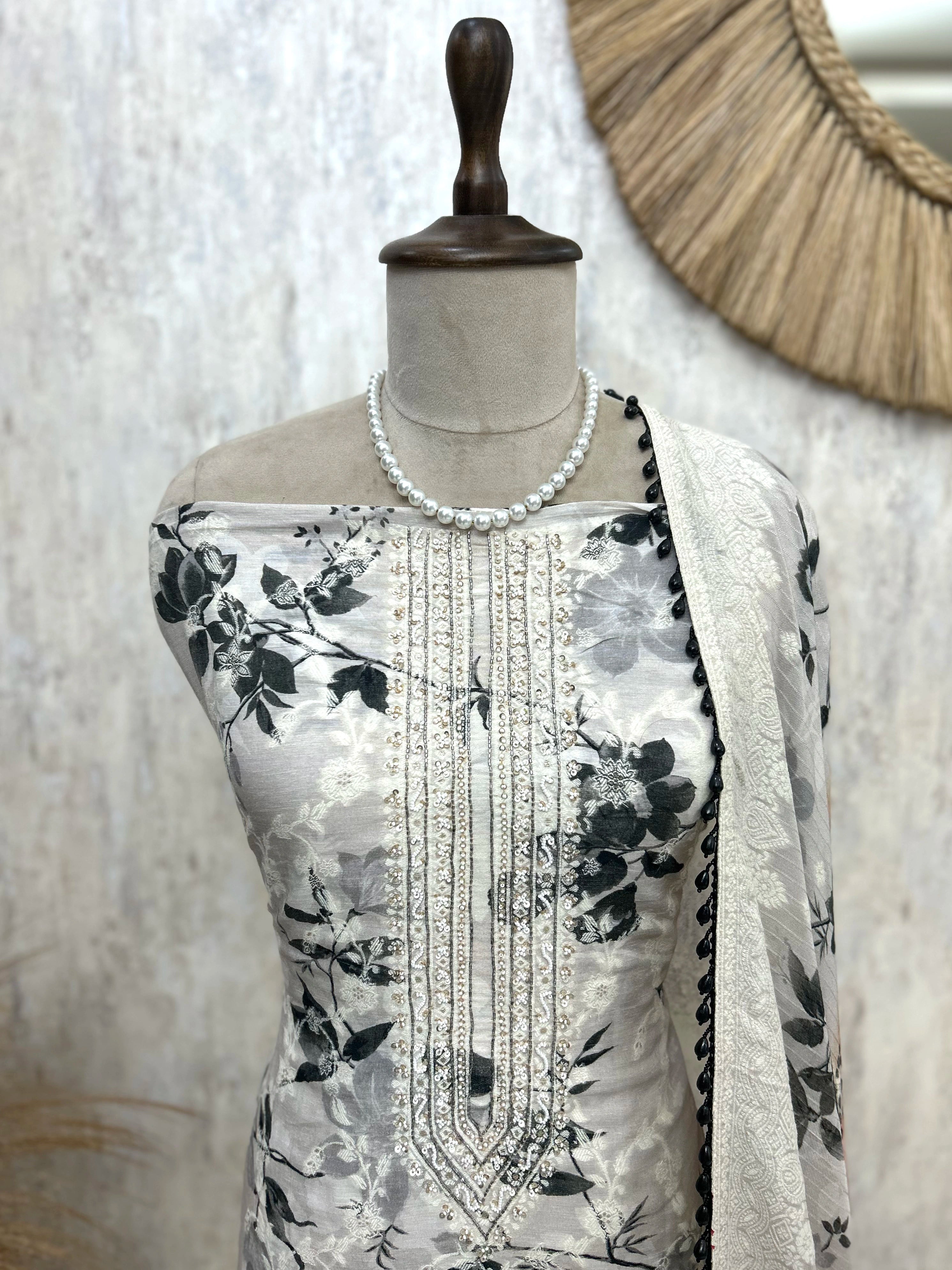 Muslin Unstitched Suit Set Featuring Weaving