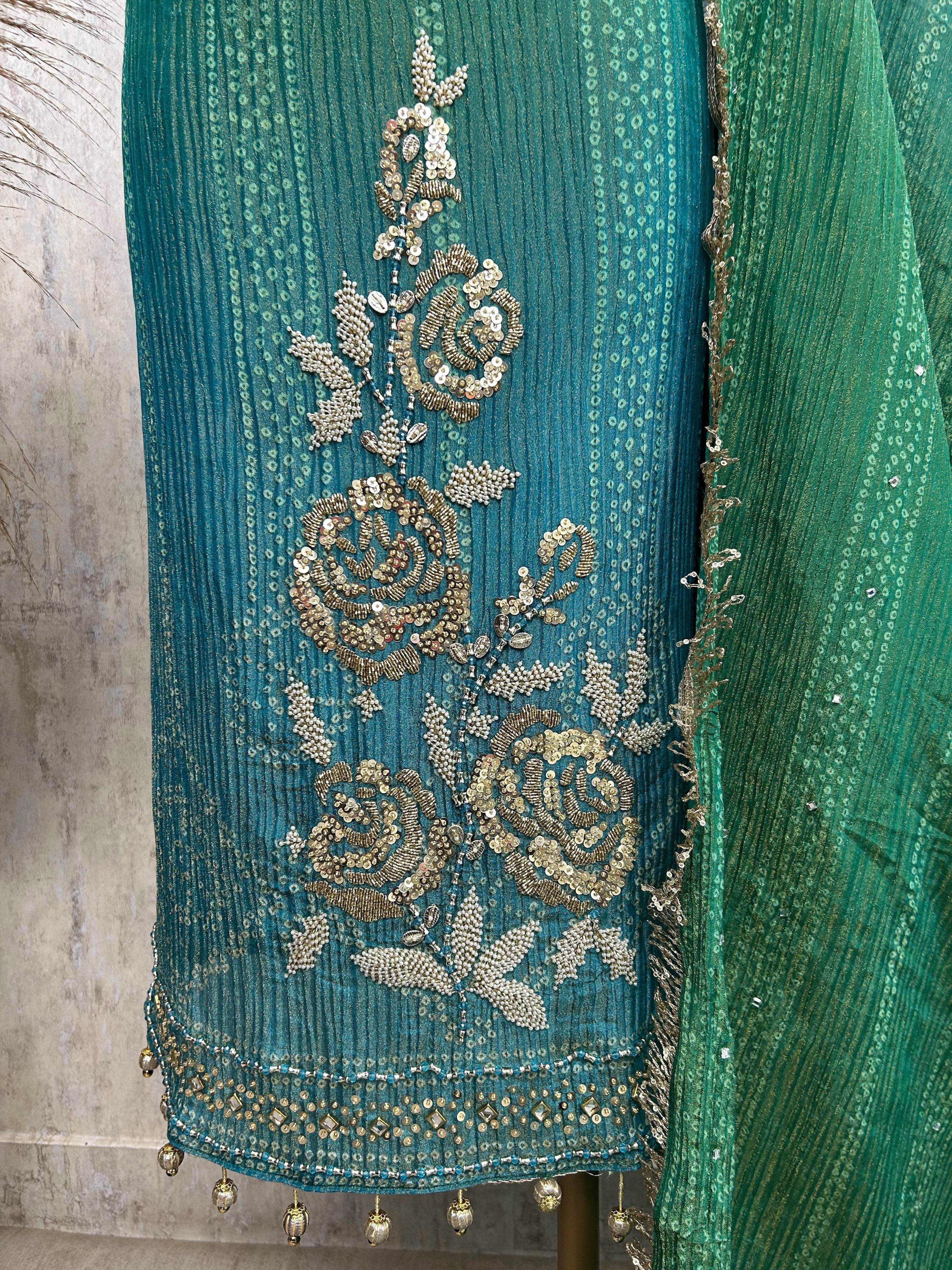 Crush Tissue Unstitched Suit Set With Ombre Effect