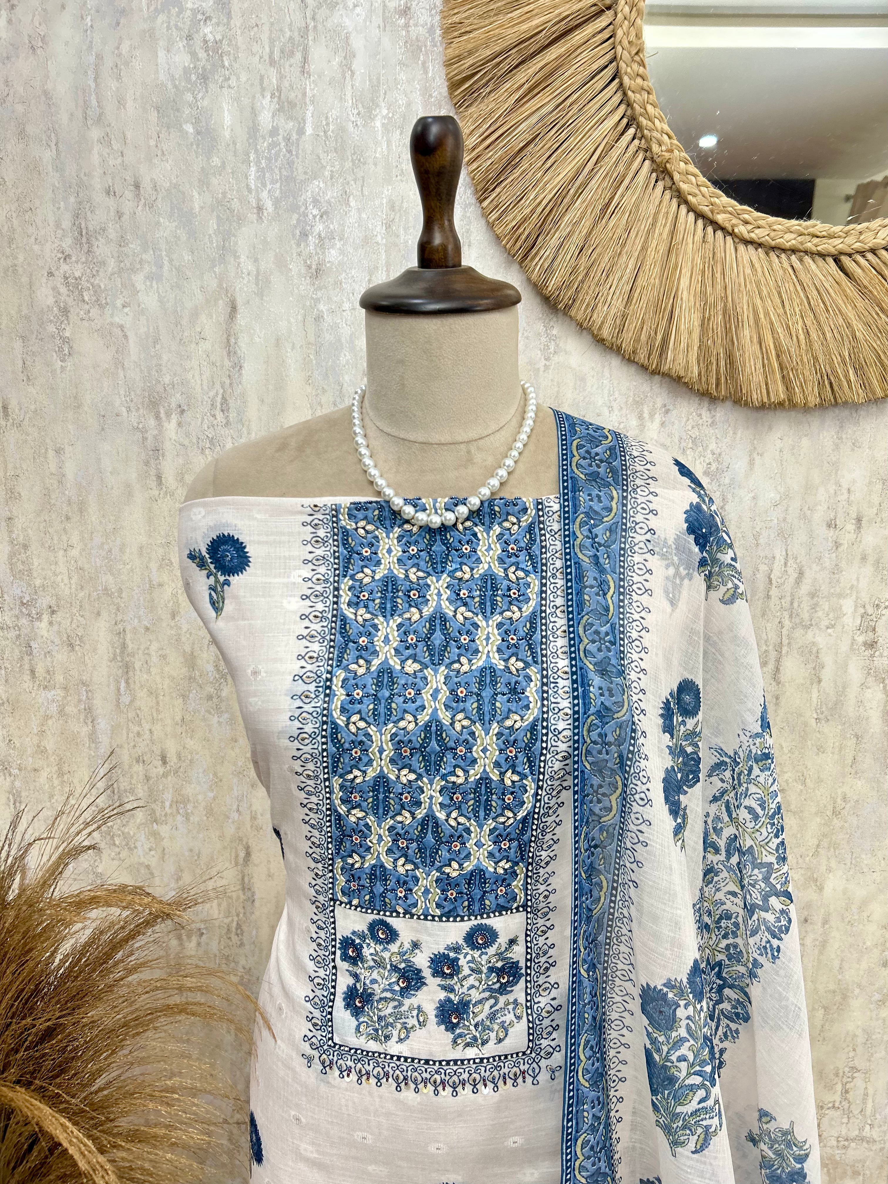 Serene Ethnic Blues Unstiched Suit