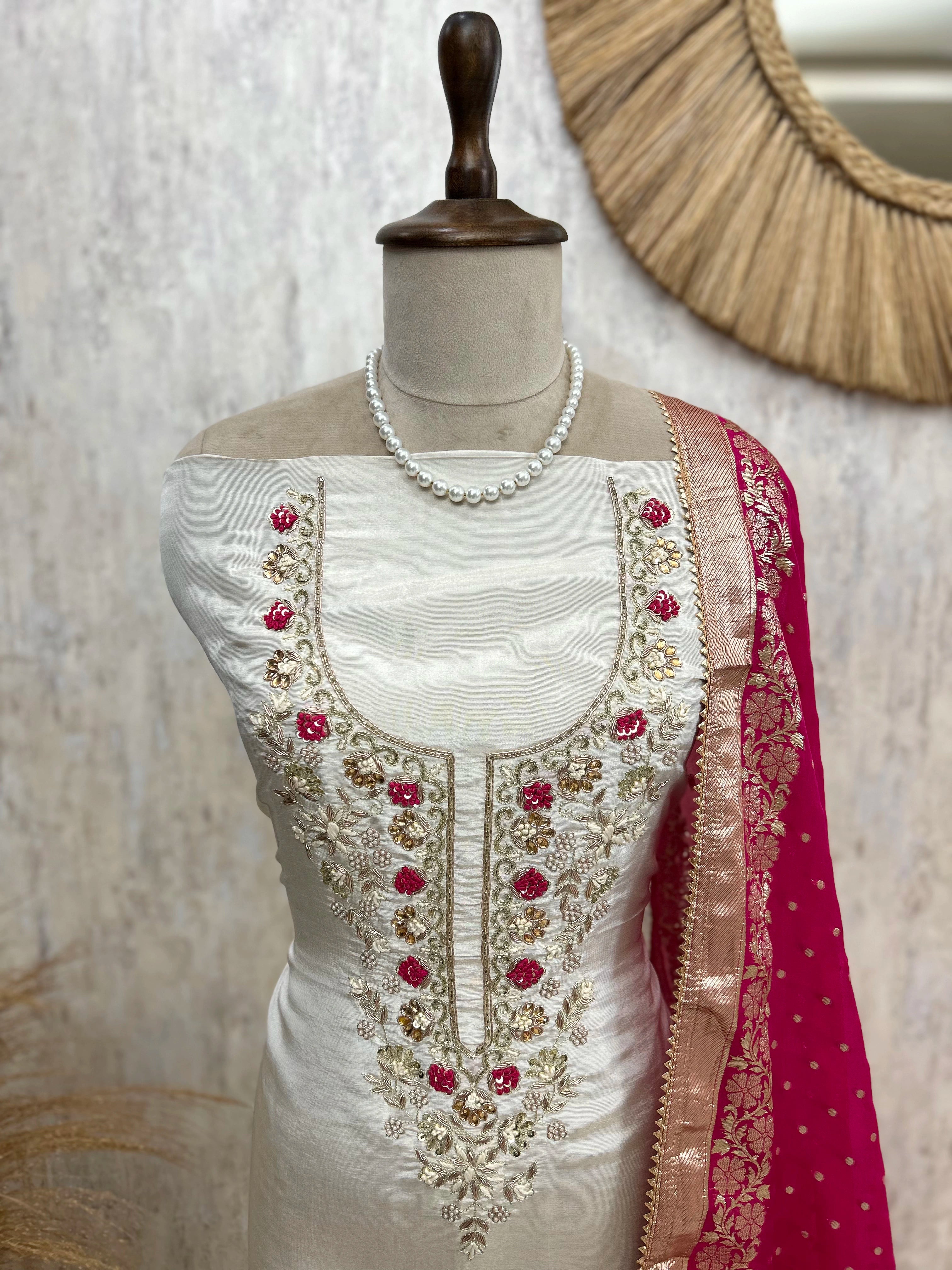 Tissue Silk Unstitched Suit Set With Organza Dupatta