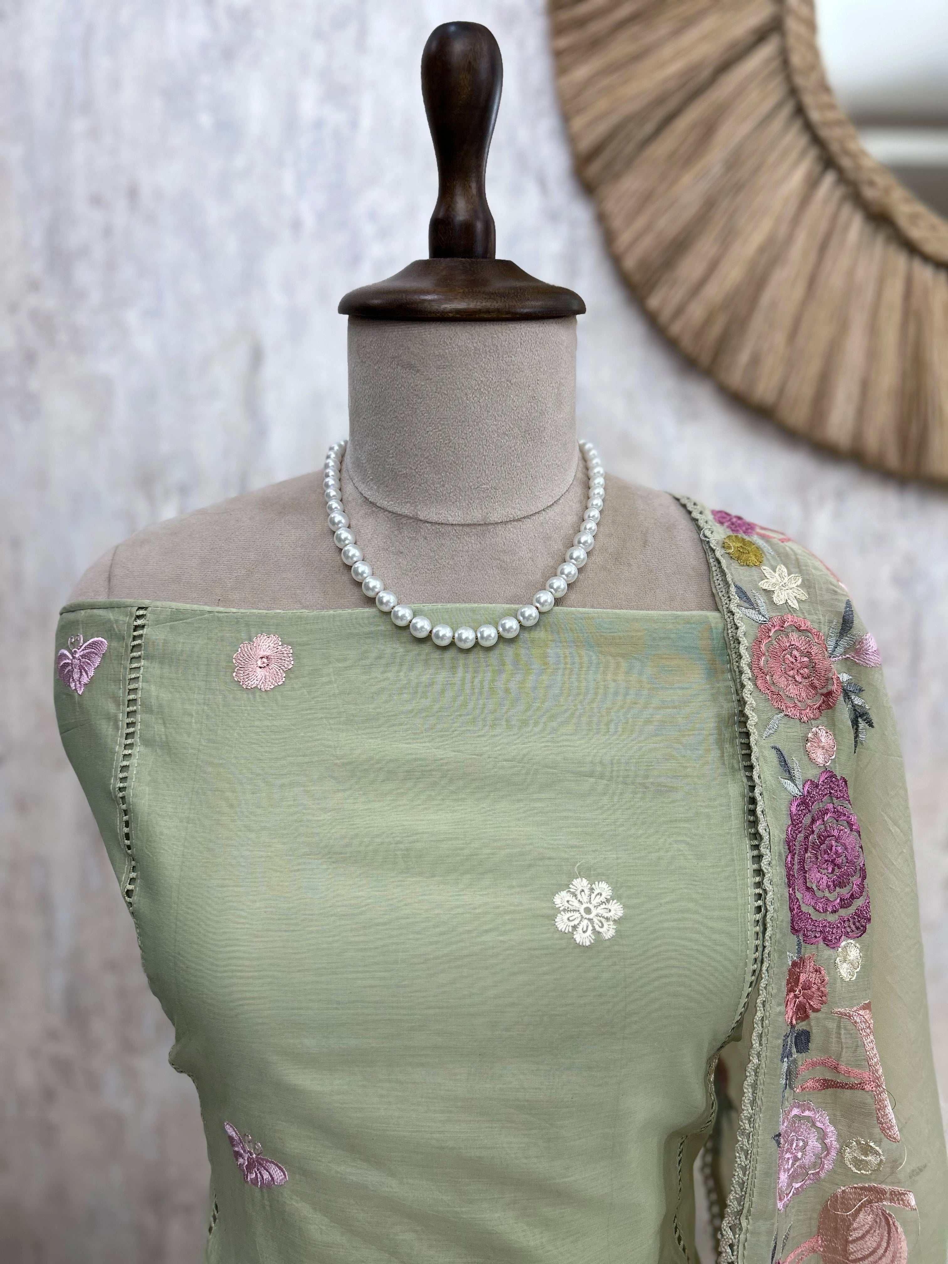 Mul Chanderi Unstitched Suit Set With Flamingo Motif On Hem