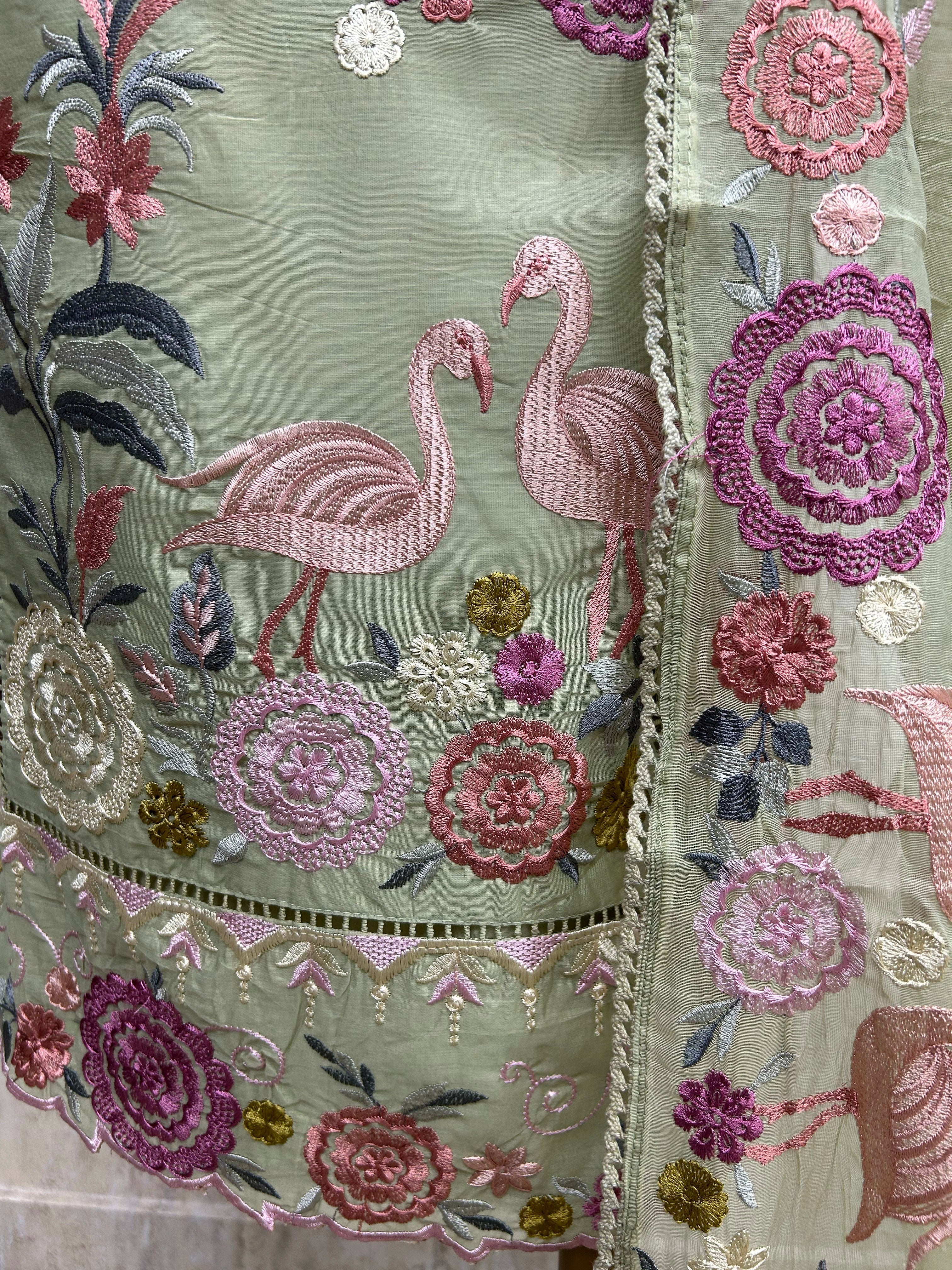 Mul Chanderi Unstitched Suit Set With Flamingo Motif On Hem