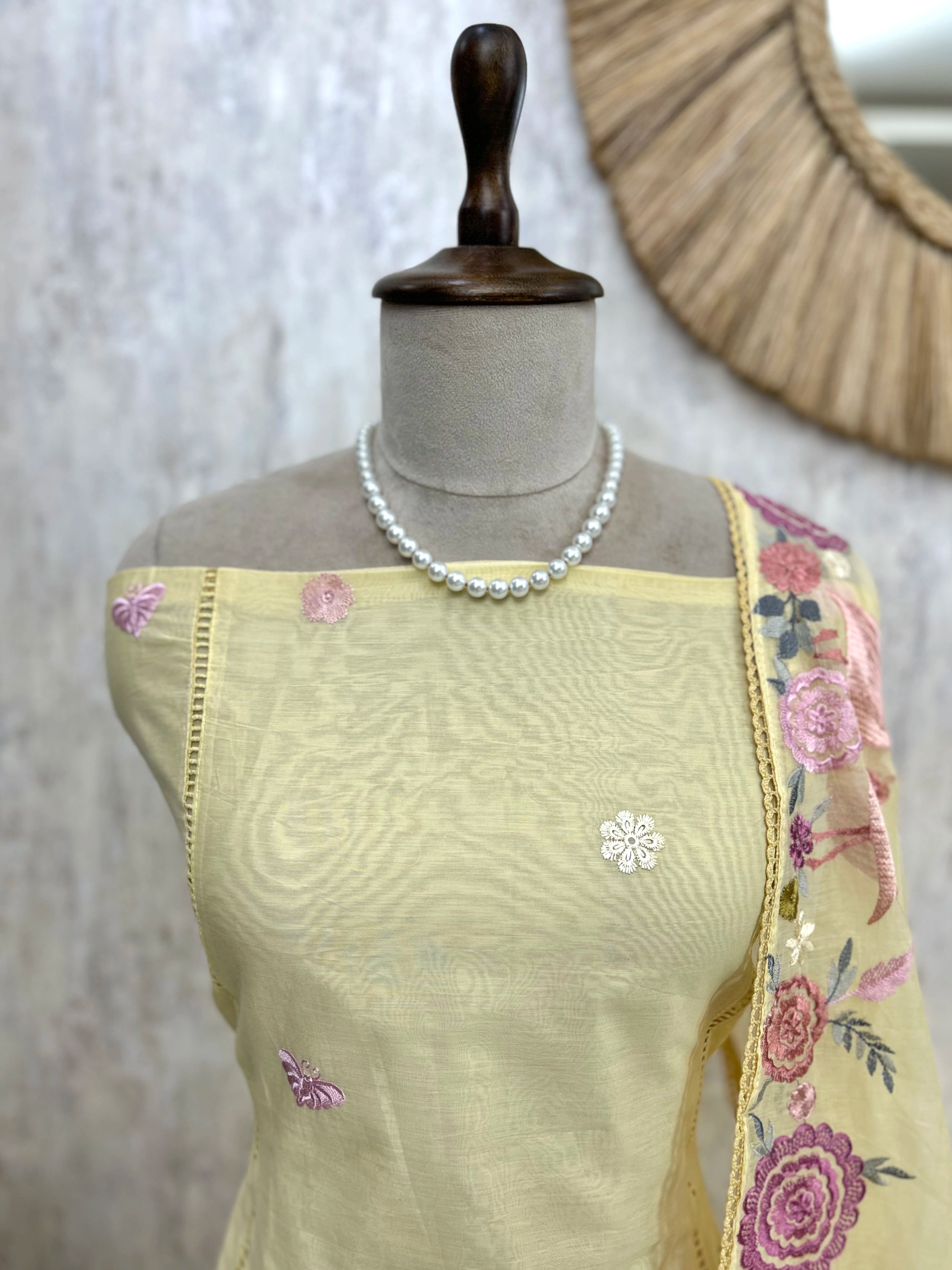 Mul Chanderi Unstitched Suit Set With Flamingo Motif On Hem