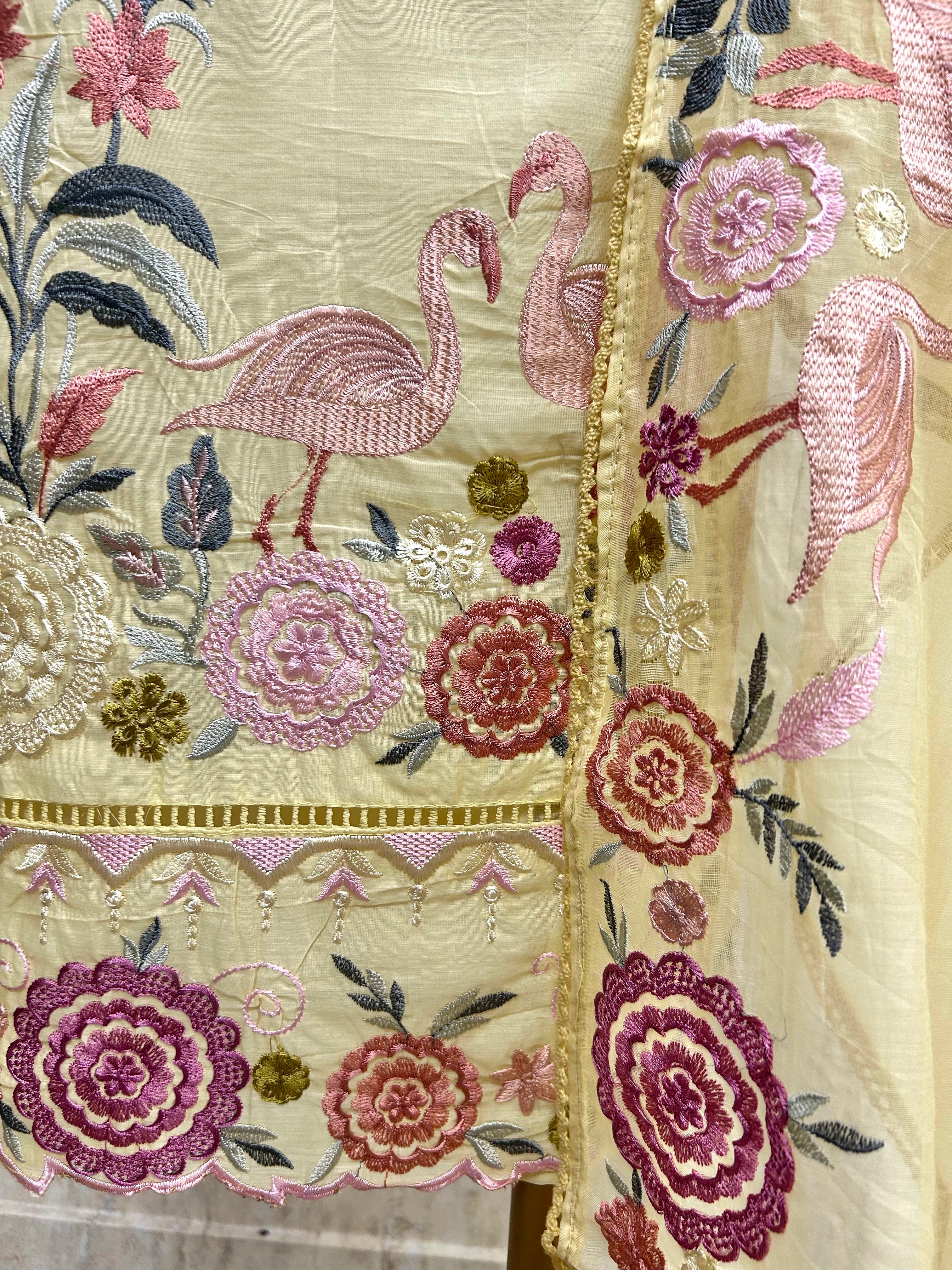 Mul Chanderi Unstitched Suit Set With Flamingo Motif On Hem