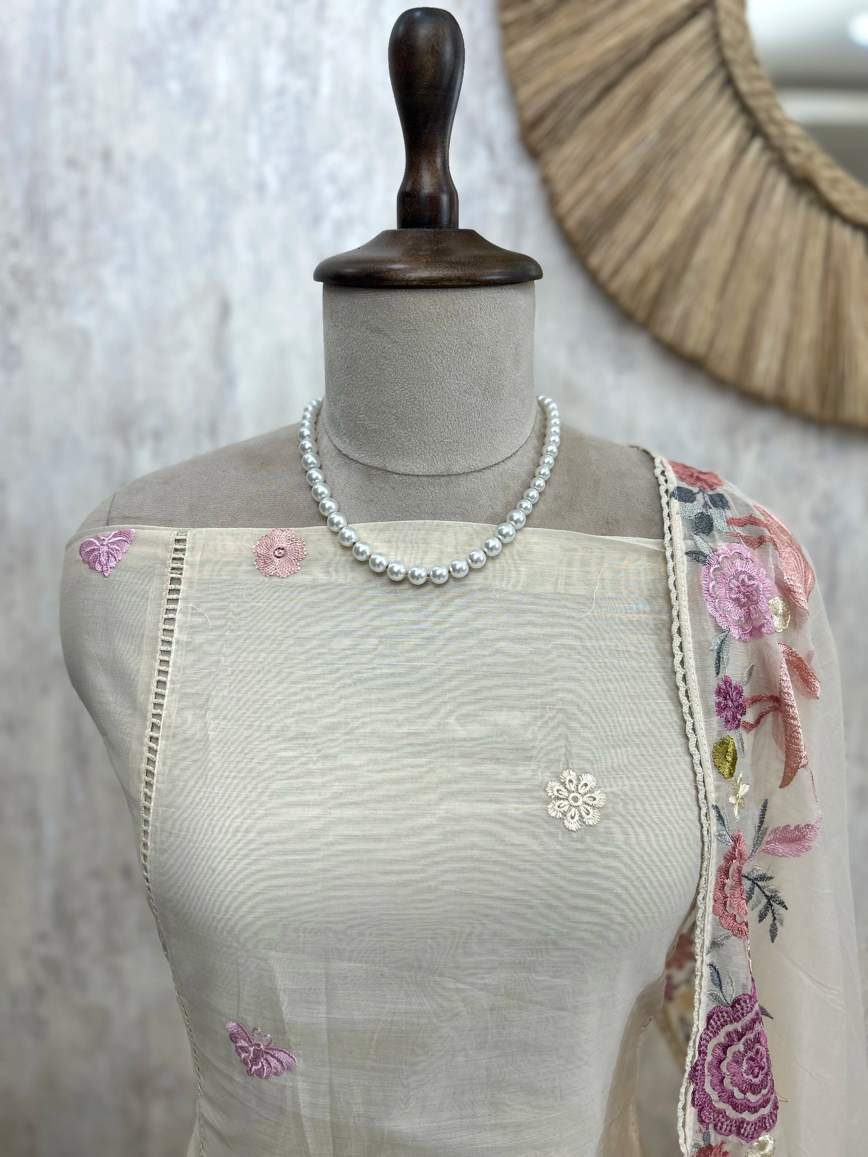 Mul Chanderi Unstitched Suit Set With Flamingo Motif On Hem