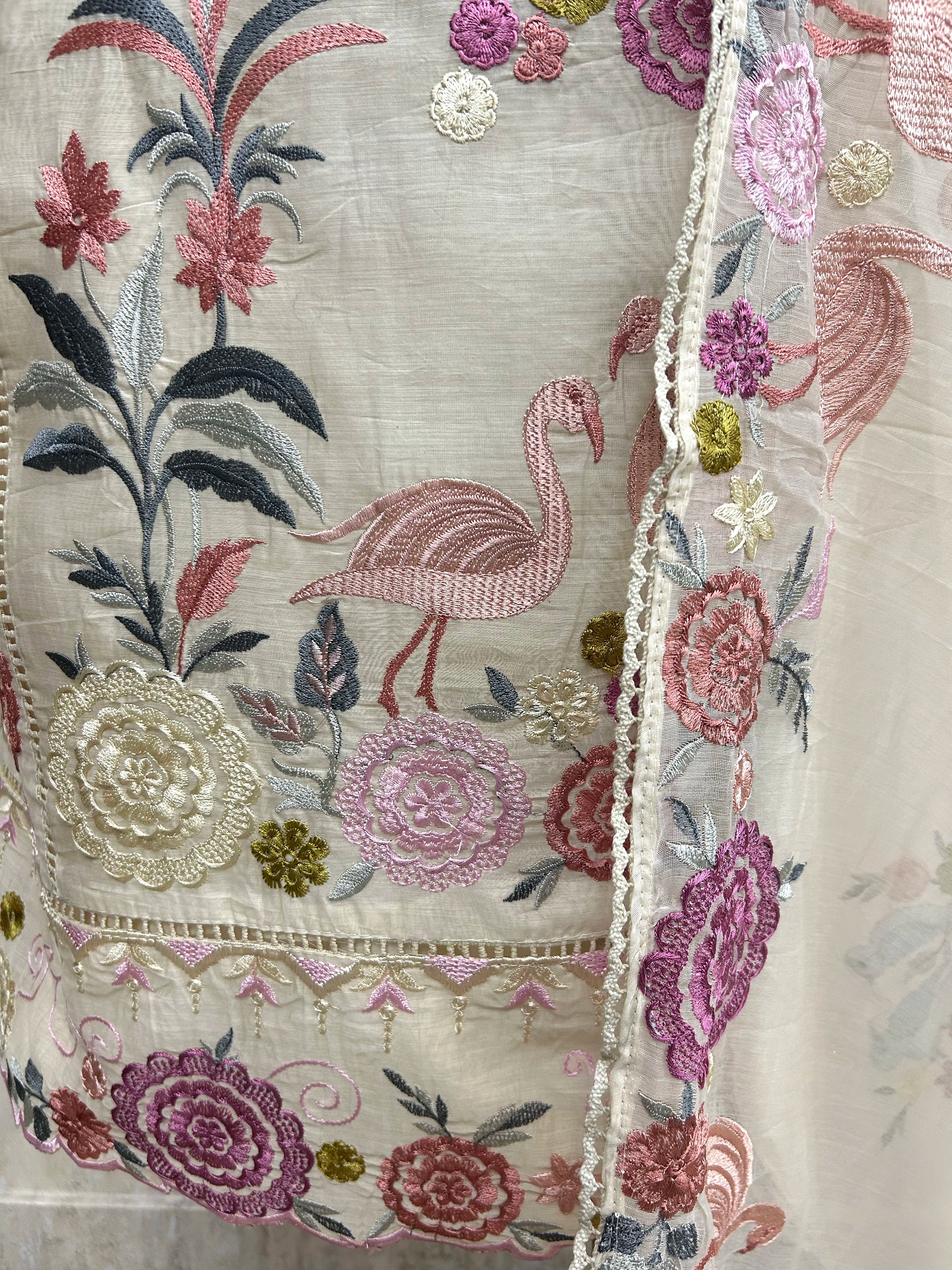 Mul Chanderi Unstitched Suit Set With Flamingo Motif On Hem