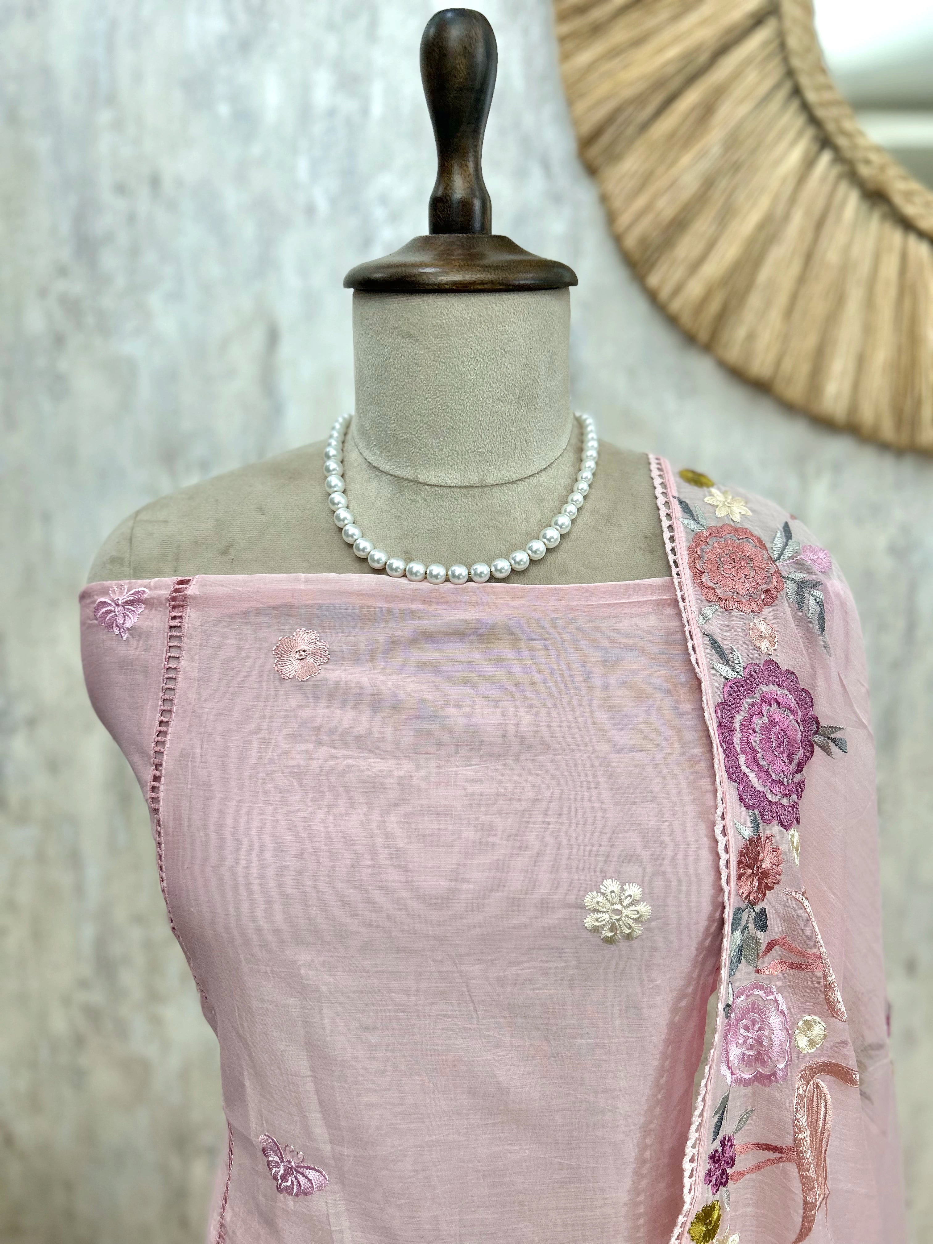 Mul Chanderi Unstitched Suit Set With Flamingo Motif On Hem