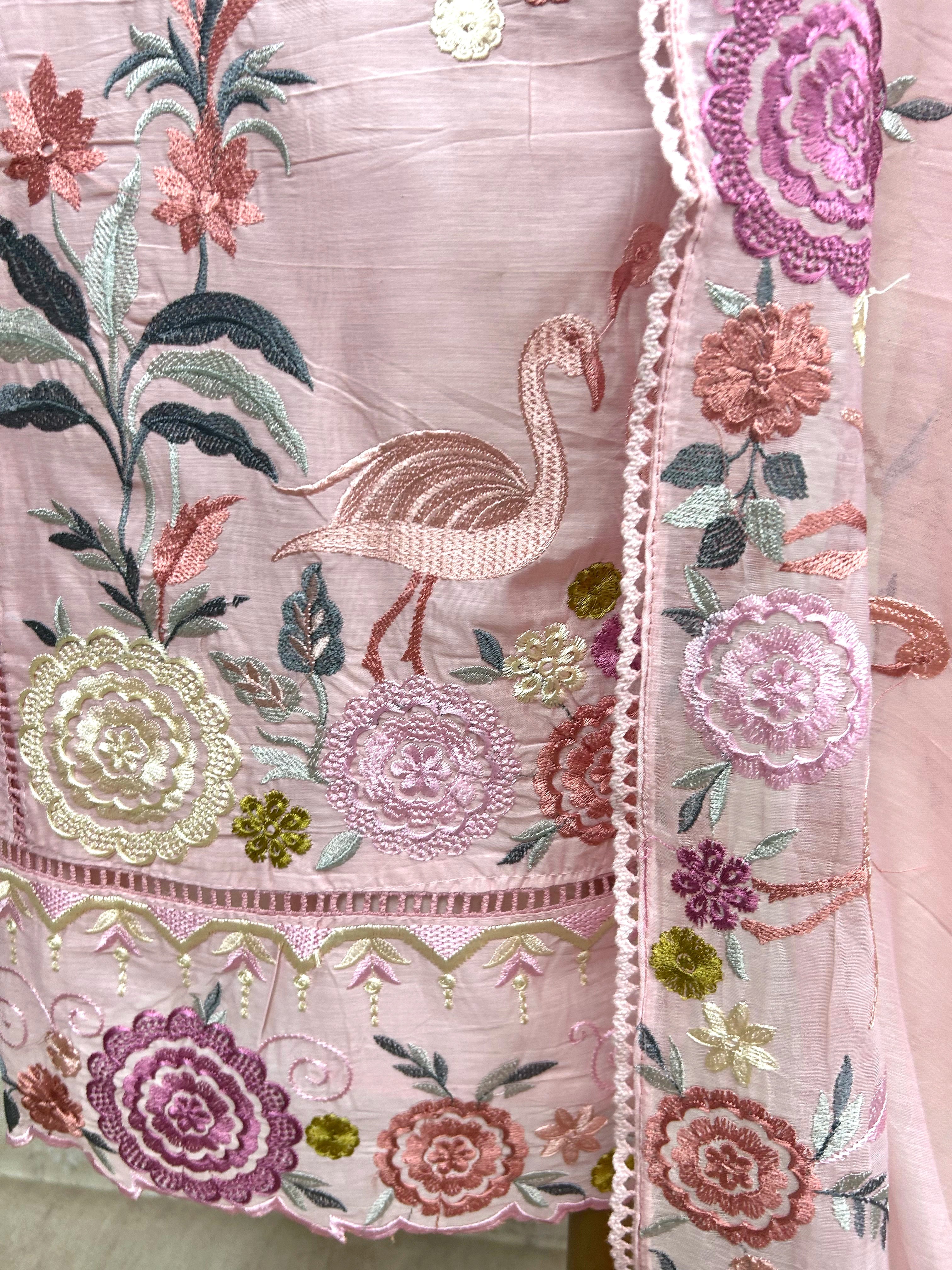 Mul Chanderi Unstitched Suit Set With Flamingo Motif On Hem