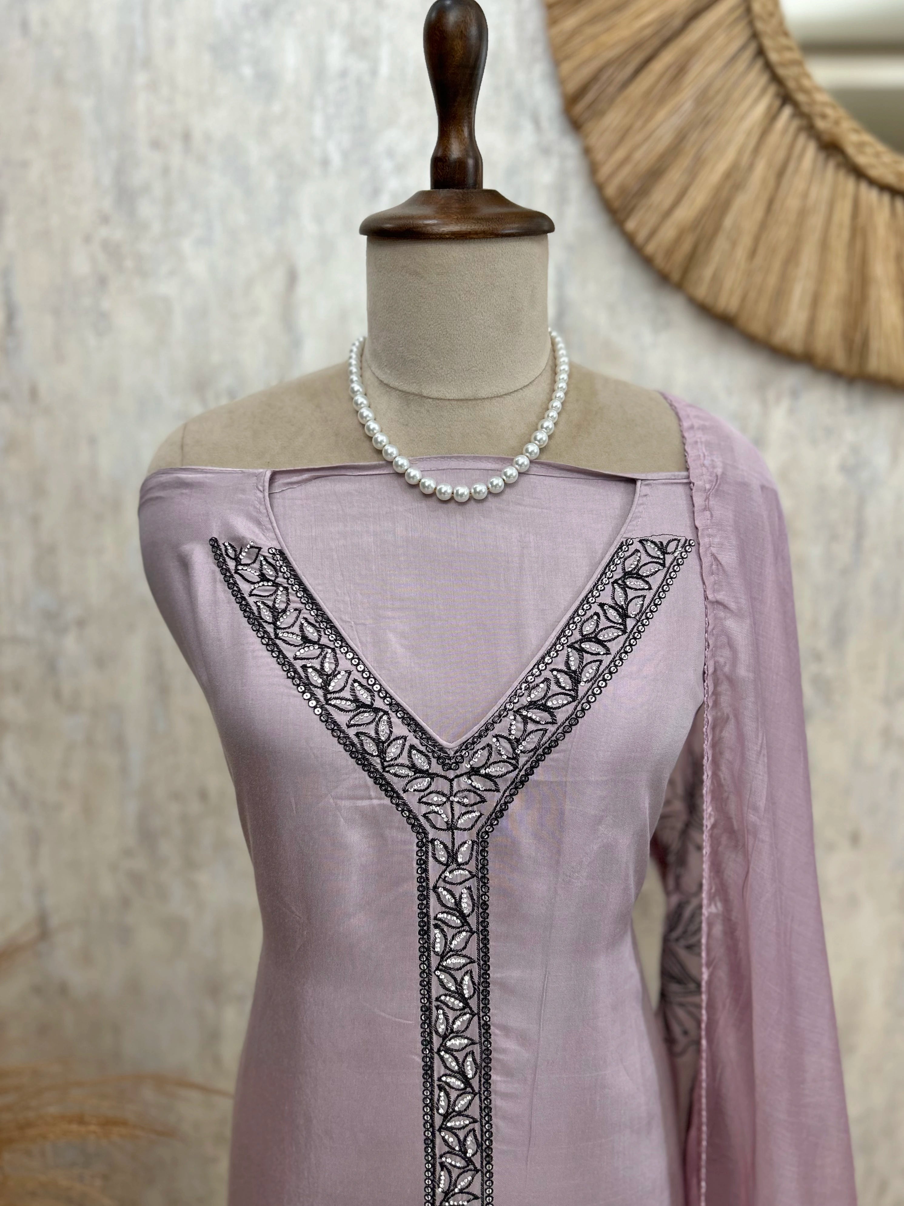 Mul Chanderi Unstitched Suit Set With Scalping Work