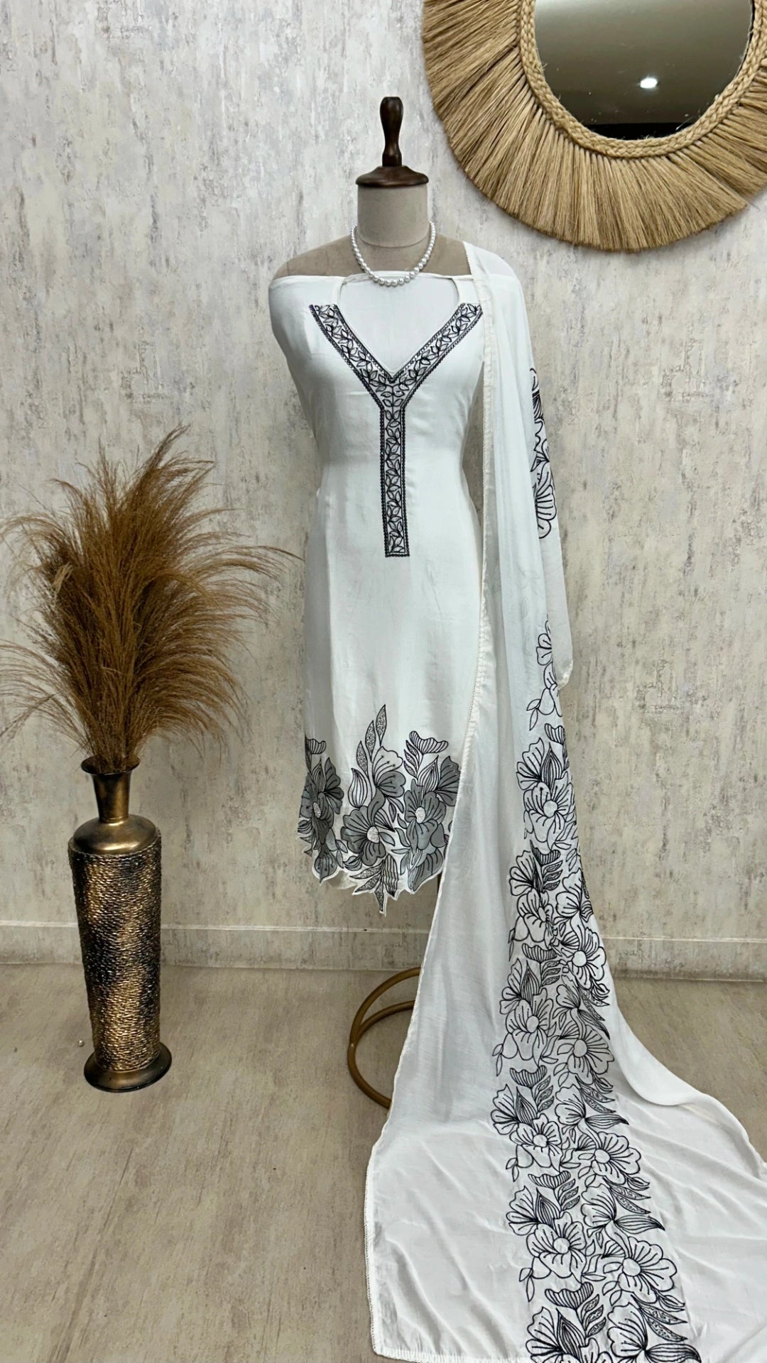 Mul Chanderi Unstitched Suit Set With Scalping Work