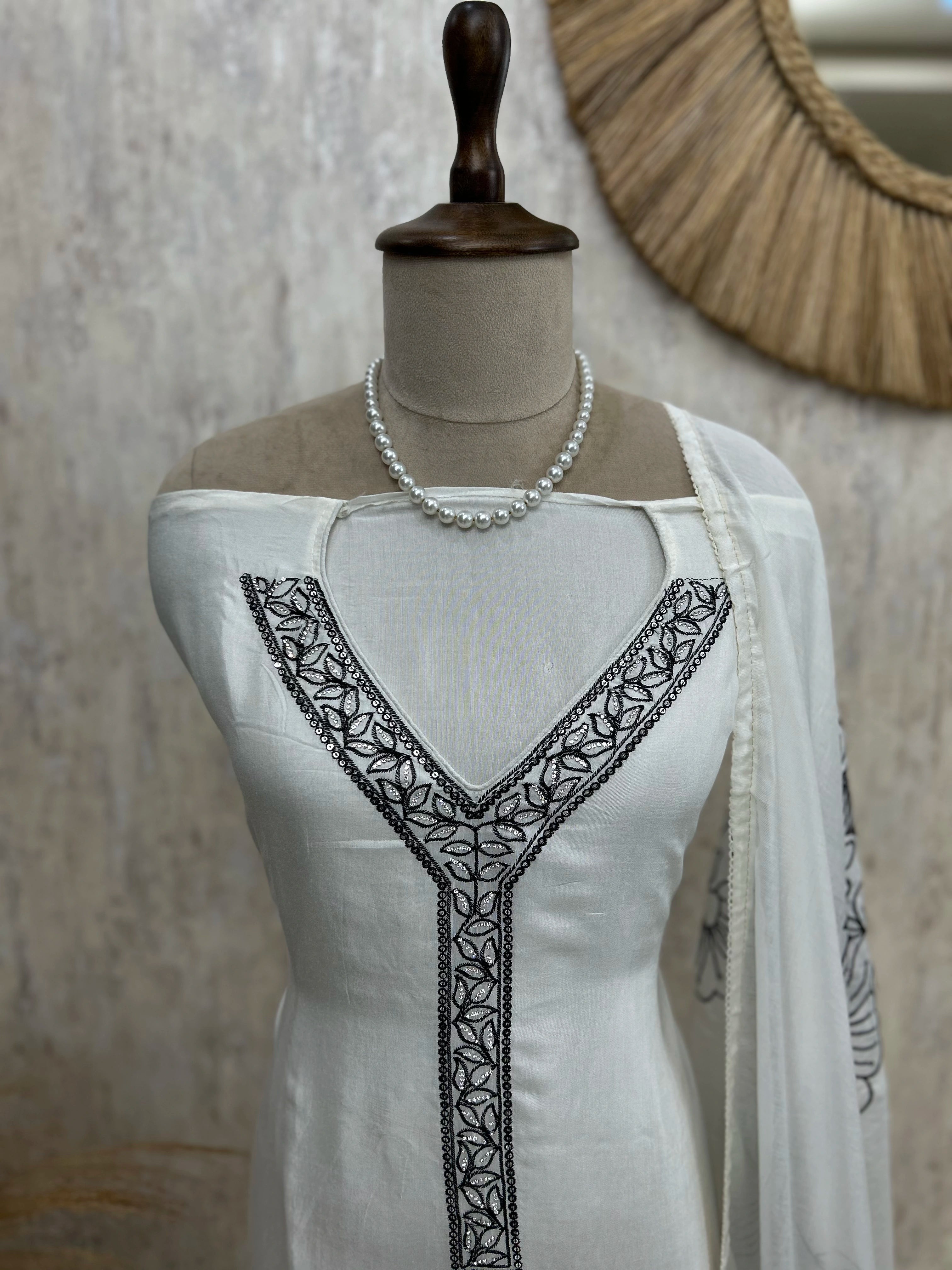 Mul Chanderi Unstitched Suit Set With Scalping Work