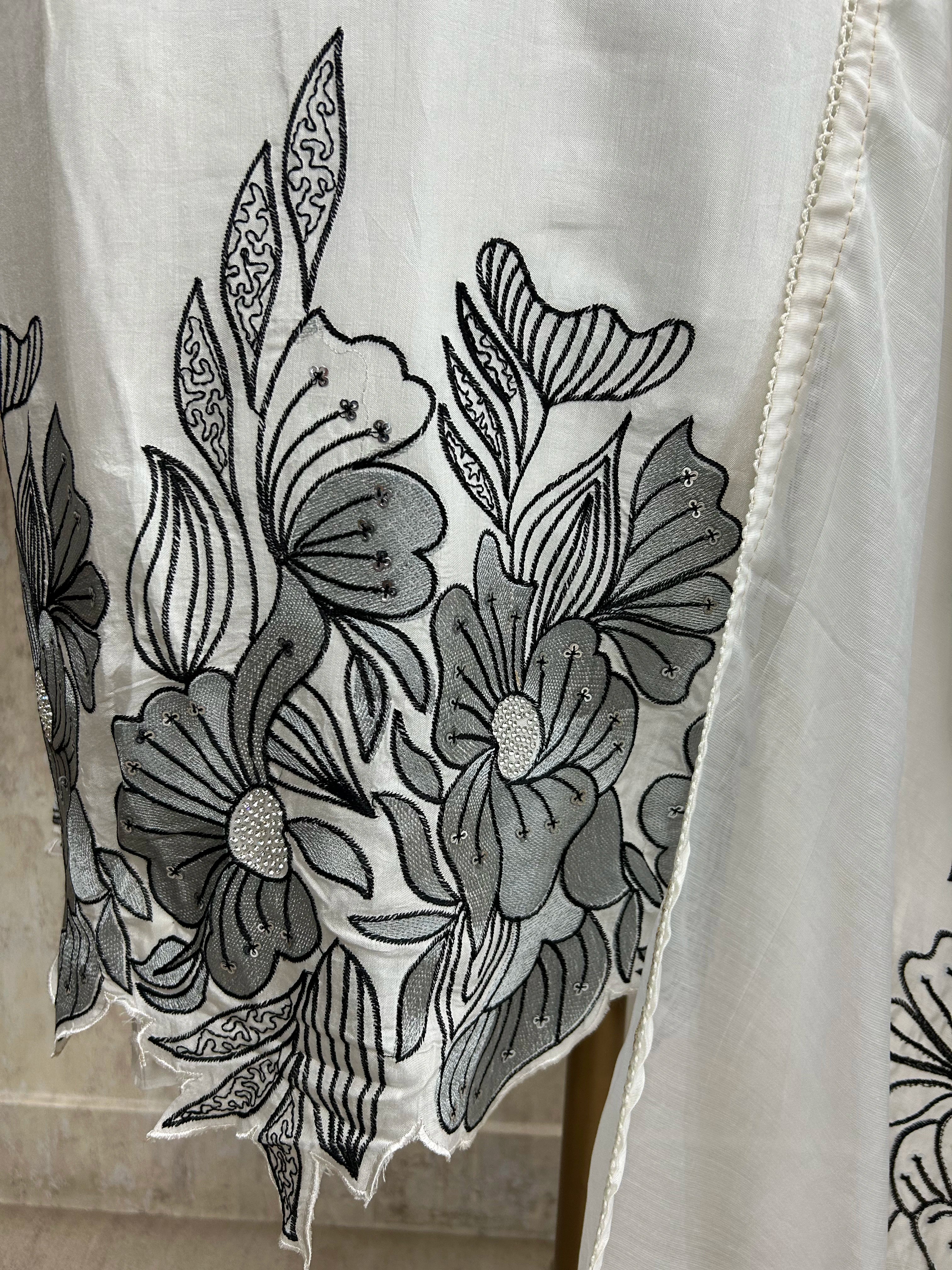 Mul Chanderi Unstitched Suit Set With Scalping Work