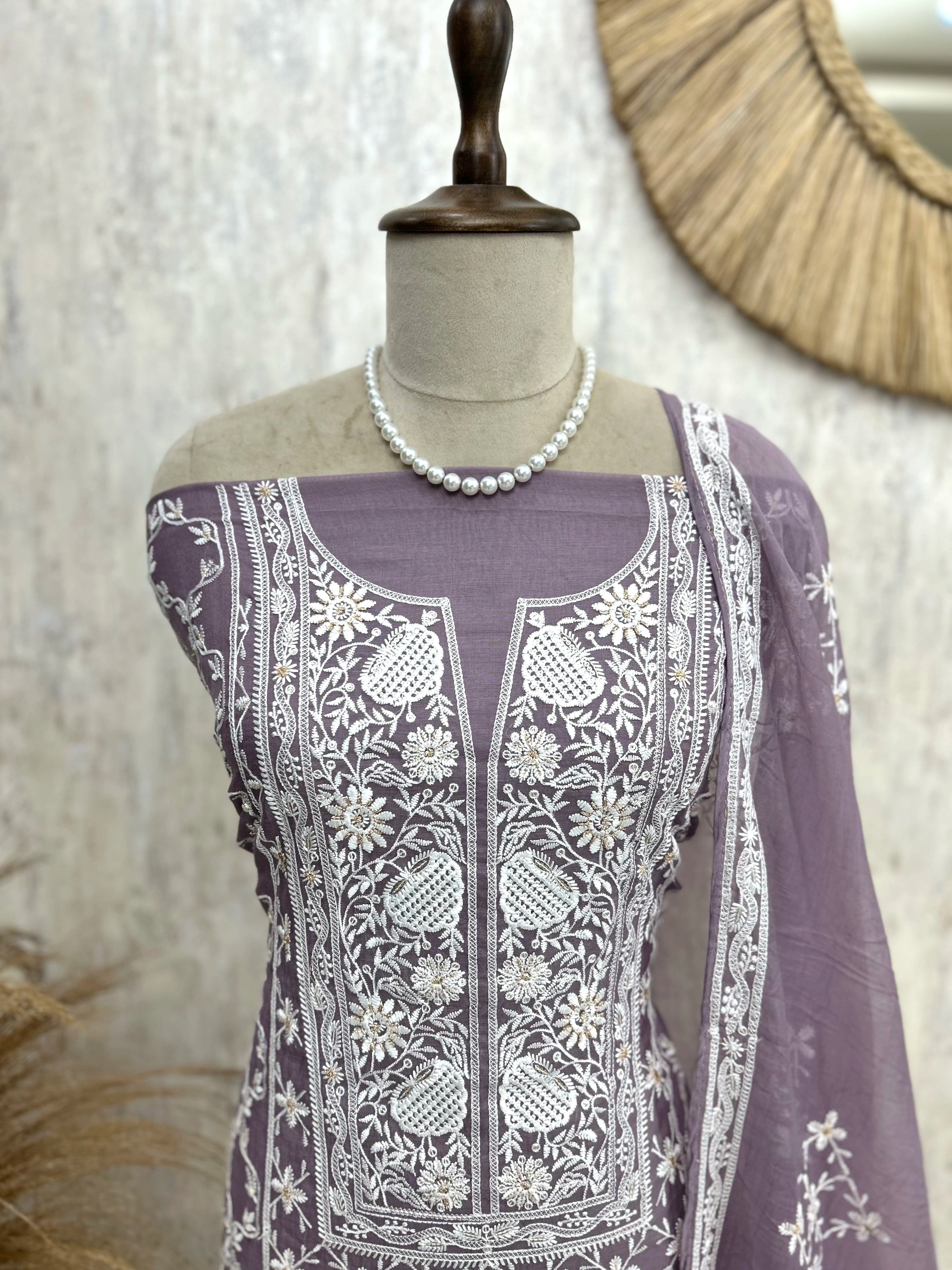 Mul Chanderi Embroidered Unstitched Suit Set