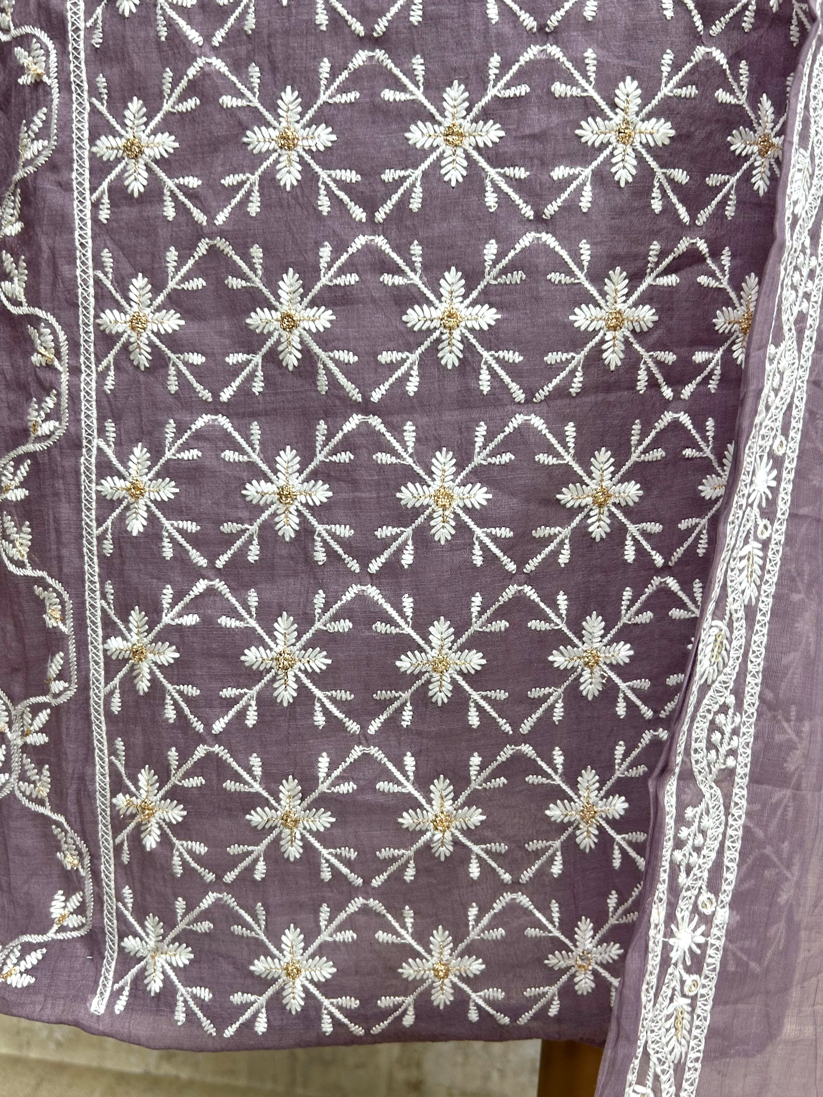 Mul Chanderi Embroidered Unstitched Suit Set