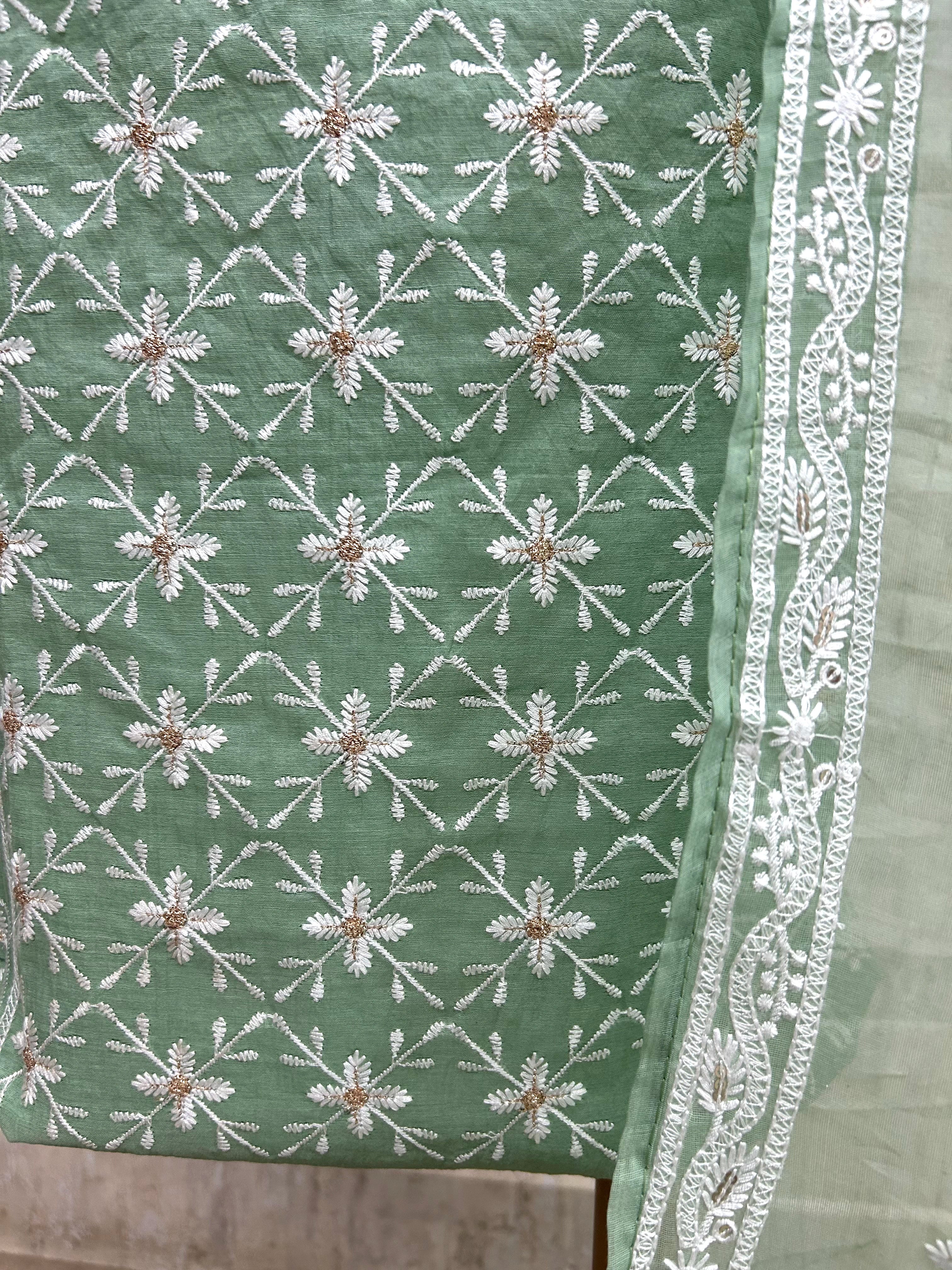 Mul Chanderi Embroidered Unstitched Suit Set