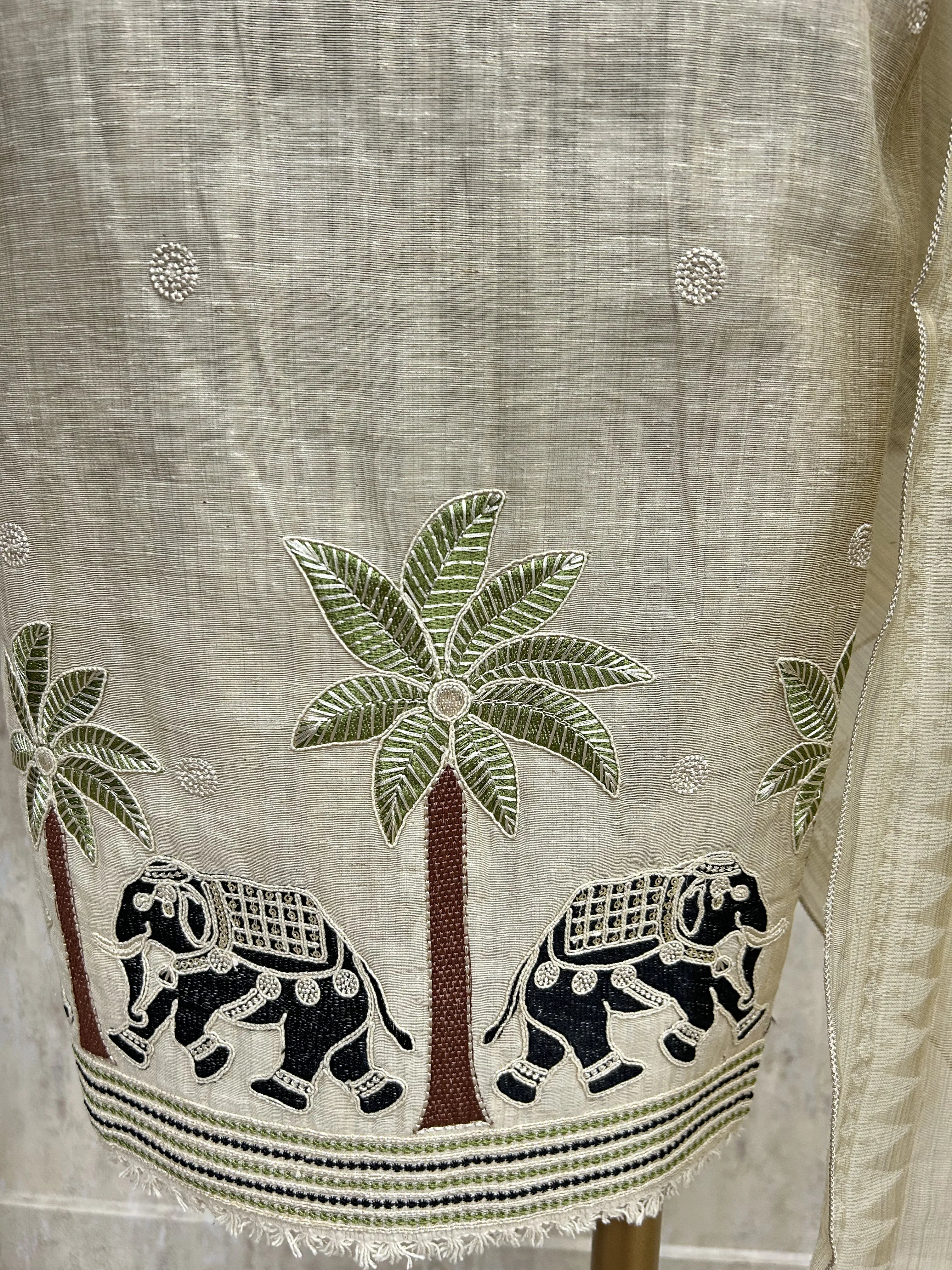 Jamdani Linen Unstitched Suit Set Featuring Applique Work