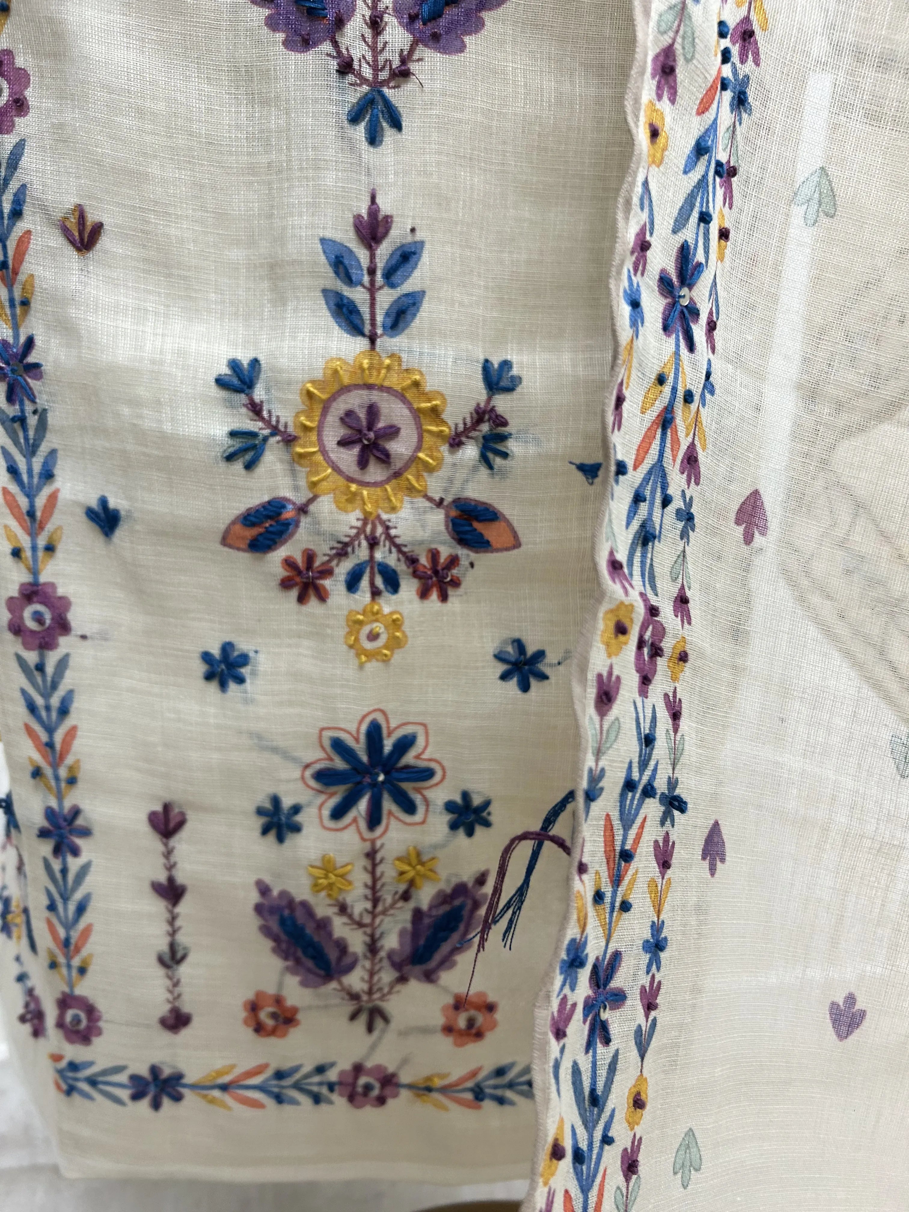 Jamdani Linen Unstitched Suit Set With Kantha Work