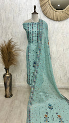 Jamdani Linen Unstitched Suit Set With Kantha Work