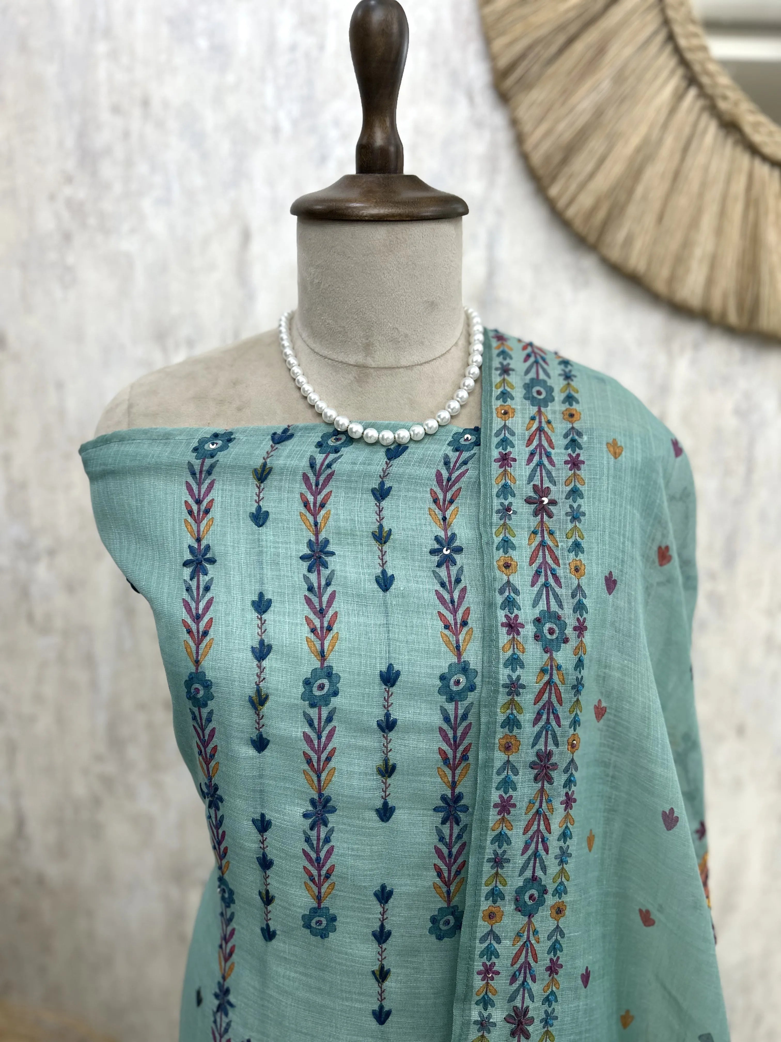 Jamdani Linen Unstitched Suit Set With Kantha Work