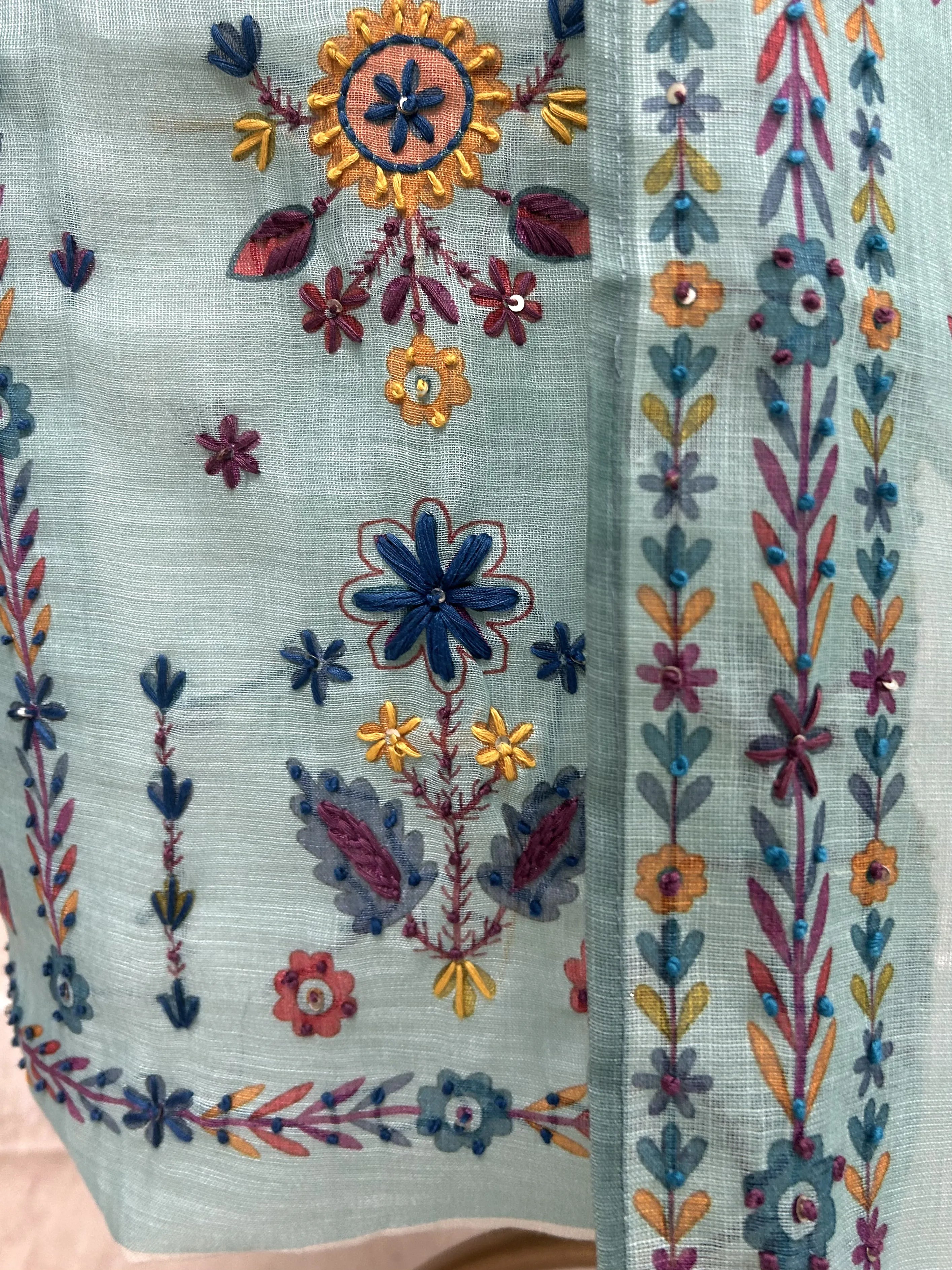 Jamdani Linen Unstitched Suit Set With Kantha Work