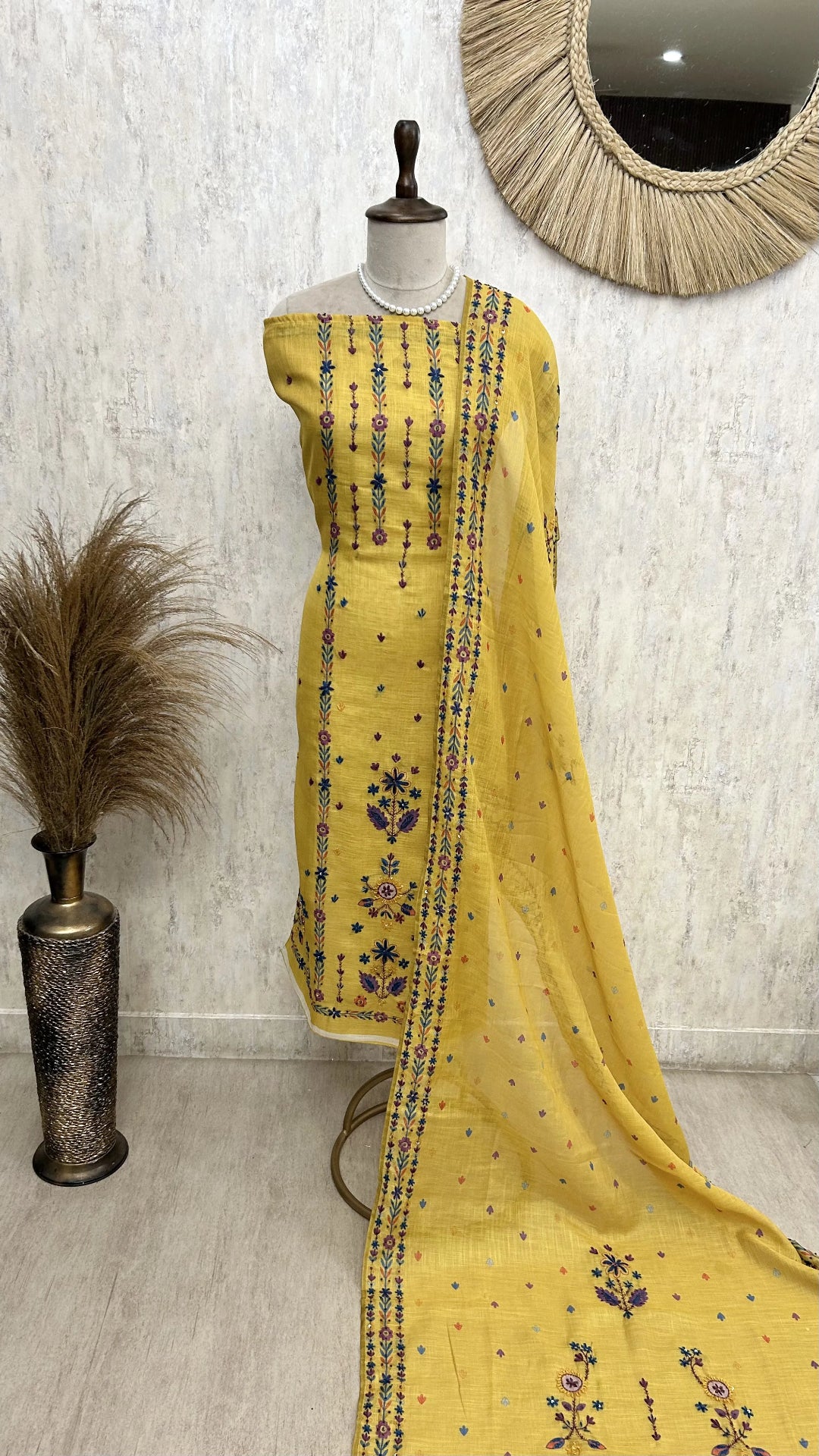 Jamdani Linen Unstitched Suit Set With Kantha Work